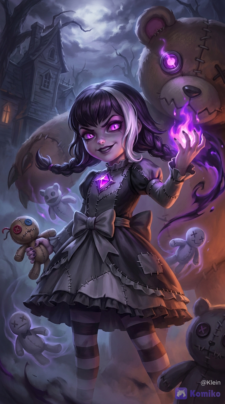 newest, very aesthetic, absurdres, score_9, score_8, safe, ultra highly refined details, fantasy illustration, splash art, painterly, cinematic rendering, soft bloom, dramatic lighting, volumetric lighting, depth_of_field, atmospheric perspective, dynamic composition, beautiful lighting, Fright Night Annie, League of Legends, 1girl, solo focus, full body, gothic doll aesthetic, mischievous expression, eerie smile, looking at viewer, playful but sinister pose, one hand raised, the other hand holding dark magic, creepy cute vibe, spooky child witch atmosphere, dark braided hair, black hair with white streak, neat braids, hair strands, glowing purple eyes, eyes, reflective eyes, pale skin, soft blush, dark lipstick, doll-like face, childlike features, gothic elegance, dark gothic dress, stitched doll outfit, black and gray dress, white collar, oversized bow, striped stockings, lace details, stitched fabric textures, small glowing purple gem on the chest, spooky vintage fashion, haunted doll design, purple ghostly flame in her hand, cursed magic, glowing purple fire, shadowy aura, floating voodoo dolls, stitched plush figures, eerie toy companions, magical purple energy, dark sparkles, smoky wisps, supernatural glow, giant creepy Tibbers in the background, stitched teddy bear monster, glowing purple eye, jagged stitched grin, looming behind Annie, haunted plush design, monstrous but whimsical, eerie protective presence, haunted house setting, spooky night atmosphere, crooked house, twisted architecture, dark fantasy background, eerie village, stitched decorations, creepy toys scattered around, ghostly fog, drifting embers, shadowy environment, black, gray, and purple color palette, monochrome mood with vivid purple accents, dramatic shadows, glowing highlights, soft mist, cinematic depth, blurry foreground dolls, blurry background haunted house, eerie fantasy game art, creepy cute composition, gothic horror fairytale, ethereal
