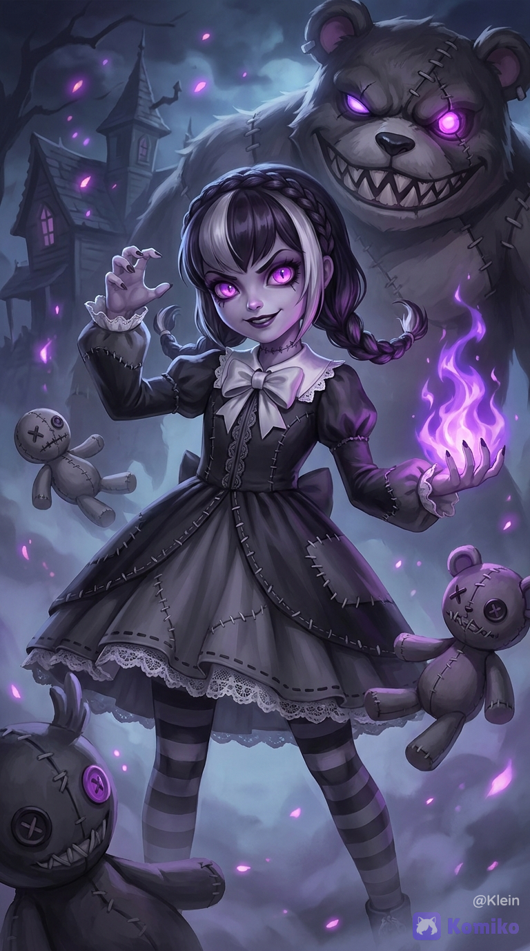 newest, very aesthetic, absurdres, score_9, score_8, safe, ultra highly refined details, fantasy illustration, splash art, painterly, cinematic rendering, soft bloom, dramatic lighting, volumetric lighting, depth_of_field, atmospheric perspective, dynamic composition, beautiful lighting, Fright Night Annie, League of Legends, 1girl, solo focus, full body, gothic doll aesthetic, mischievous expression, eerie smile, looking at viewer, playful but sinister pose, one hand raised, the other hand holding dark magic, creepy cute vibe, spooky child witch atmosphere, dark braided hair, black hair with white streak, neat braids, hair strands, glowing purple eyes, eyes, reflective eyes, pale skin, soft blush, dark lipstick, doll-like face, childlike features, gothic elegance, dark gothic dress, stitched doll outfit, black and gray dress, white collar, oversized bow, striped stockings, lace details, stitched fabric textures, small glowing purple gem on the chest, spooky vintage fashion, haunted doll design, purple ghostly flame in her hand, cursed magic, glowing purple fire, shadowy aura, floating voodoo dolls, stitched plush figures, eerie toy companions, magical purple energy, dark sparkles, smoky wisps, supernatural glow, giant creepy Tibbers in the background, stitched teddy bear monster, glowing purple eye, jagged stitched grin, looming behind Annie, haunted plush design, monstrous but whimsical, eerie protective presence, haunted house setting, spooky night atmosphere, crooked house, twisted architecture, dark fantasy background, eerie village, stitched decorations, creepy toys scattered around, ghostly fog, drifting embers, shadowy environment, black, gray, and purple color palette, monochrome mood with vivid purple accents, dramatic shadows, glowing highlights, soft mist, cinematic depth, blurry foreground dolls, blurry background haunted house, eerie fantasy game art, creepy cute composition, gothic horror fairytale, ethereal