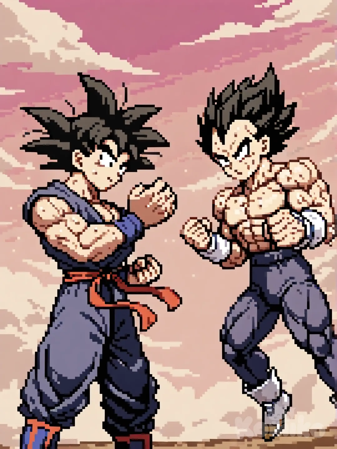 Son_Goku, Vegeta 拳相交，格斗的知识，天下第一武道会战场，清晰的面容，清晰的身体状况，战斗姿势3D, [soft-pixel-art-style]