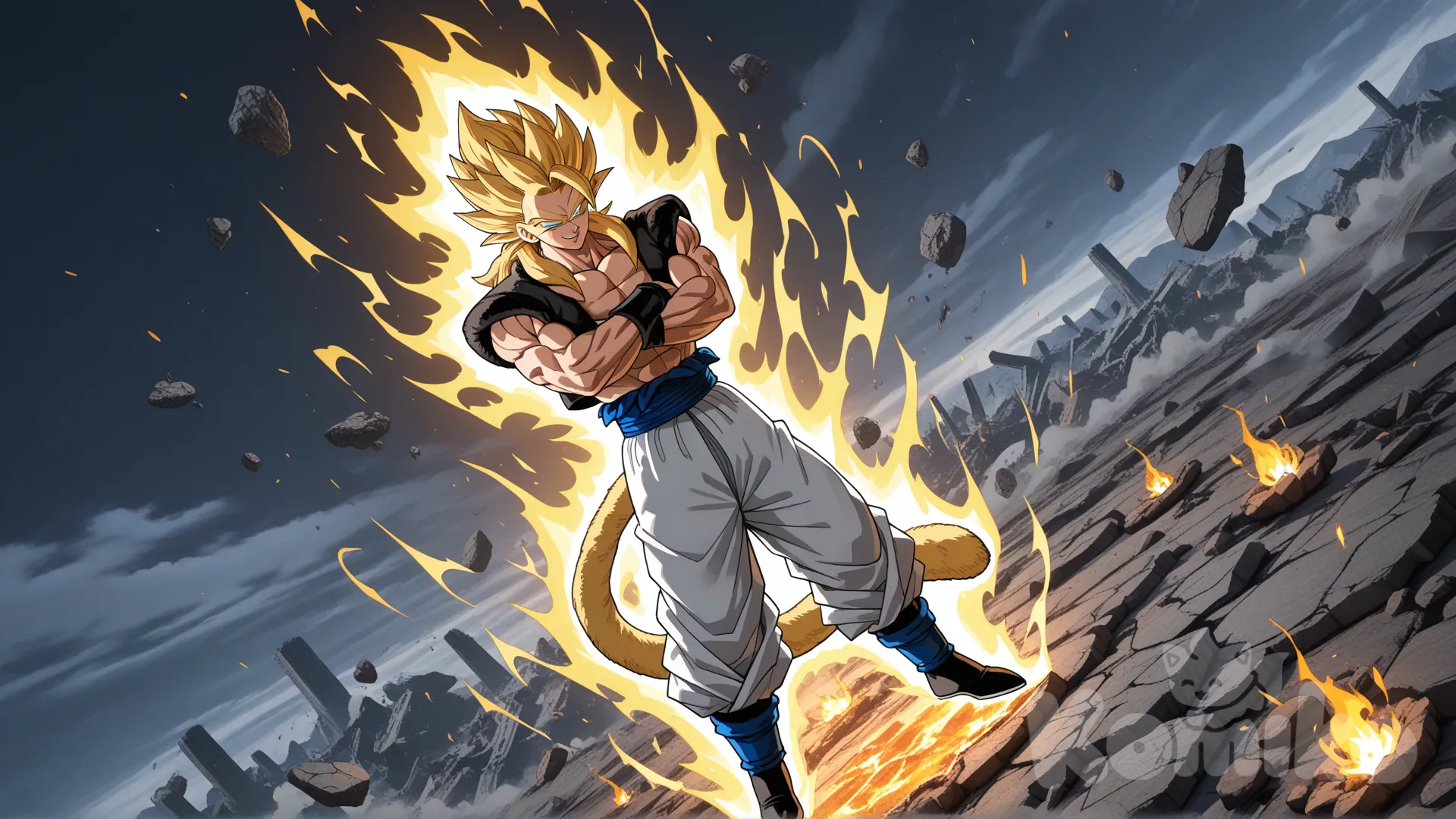 大地崩坏，3D，漂浮在空中的石头，双手环抱于胸口，霸气侧漏，身上包裹着气焰，金色的头发，身后有一根毛茸茸金色的尾巴, @Gogeta