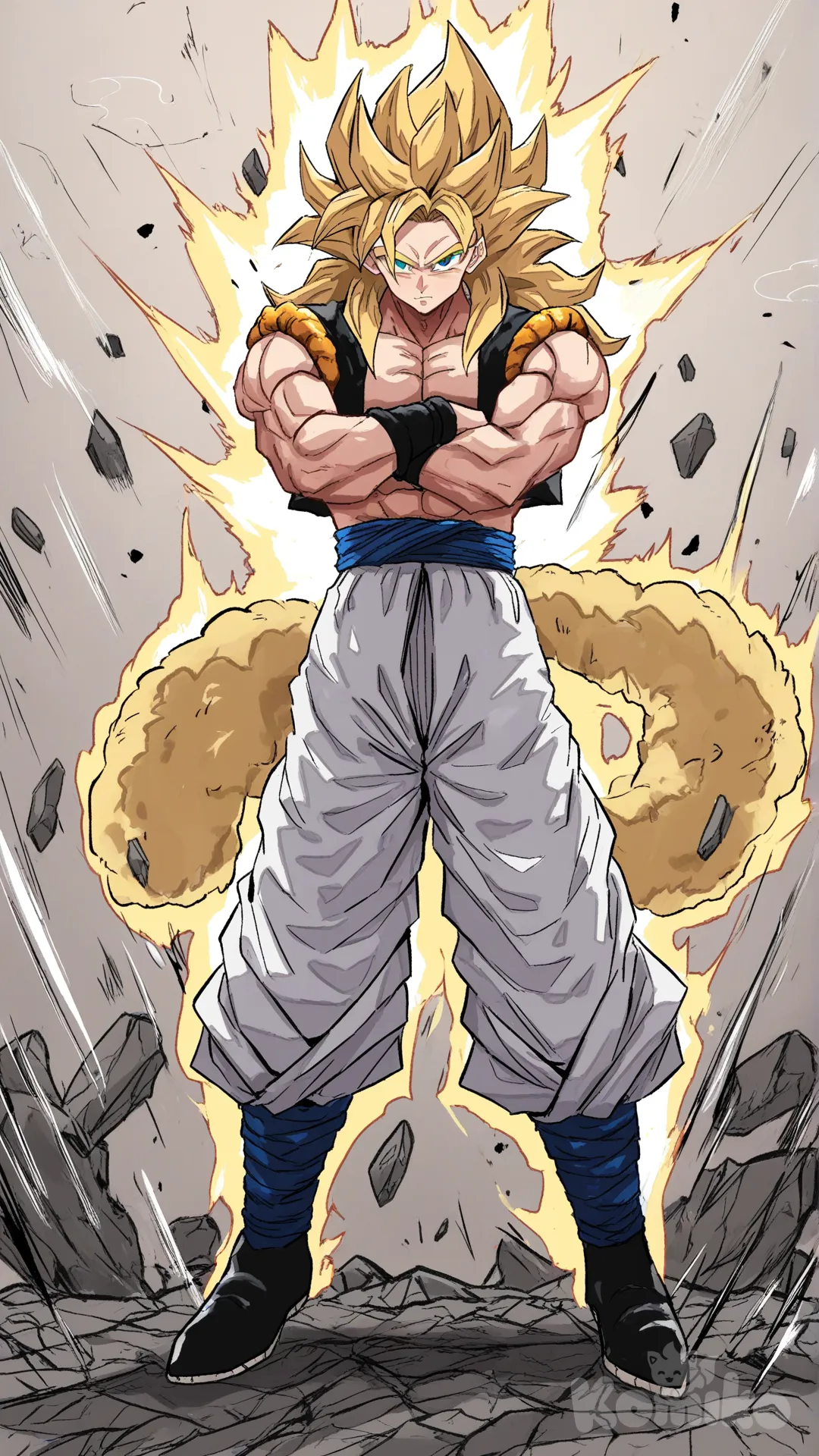 大地崩坏，3D，漂浮在空中的石头，双手环抱于胸口，霸气侧漏，身上包裹着气焰，金色的头发，身后有一根毛茸茸金色的尾巴, @Gogeta, [hentai-style]