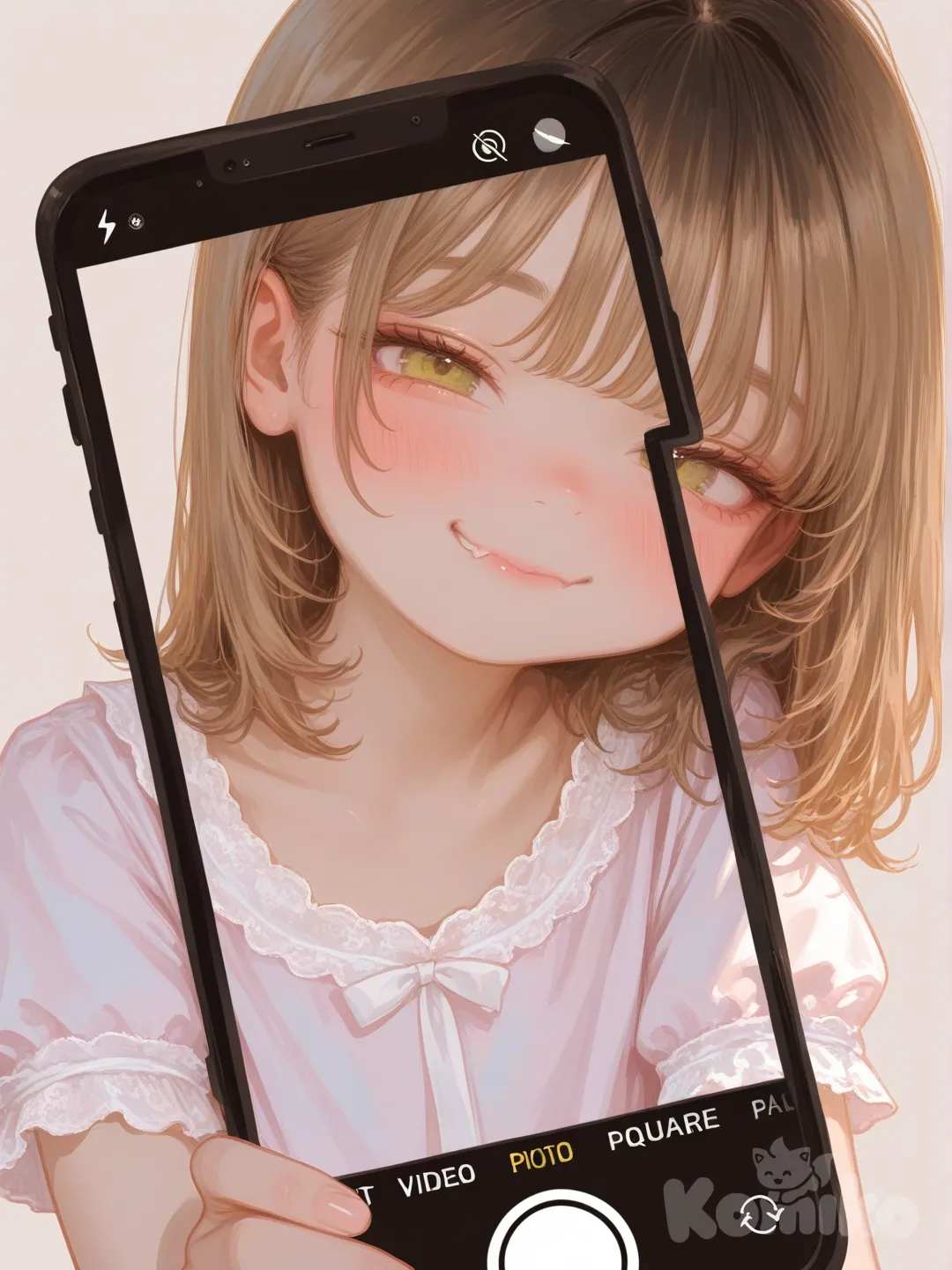 后置摄像头拍摄风格，超低分辨率，画面中是一位6岁少女，该少女皮肤白皙，带有一点点甜妹感，整体呈现出自然抓拍的摄影效果，表情俏皮中带着点可爱, [sensual-glossy-style]