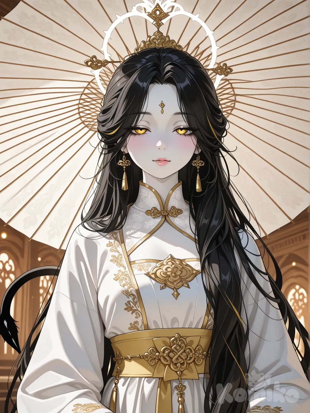 电影及画面，3d，柔和的光晕，神圣的宫殿美丽女子，妖冶，bjd娃娃脸，3d仿真 冷白皮，双凤眼，眼尾细长，眼睛微眯，红色长发，发丝细腻刻画，淡红色新中式风格服装，新中式配饰，带黄色，纸伞，流苏，腰带，近距离，人物特写，画风雪白，朦胧，二次元，细腻厚涂，极致超清，极致细节。