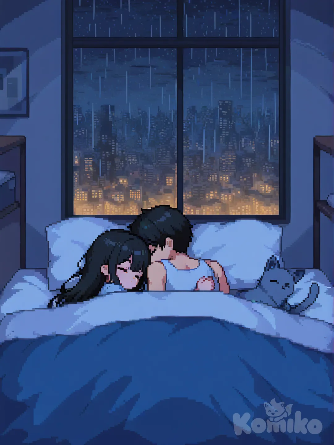 像素插画风格，室内夜景。日式动漫脸，一男子穿白色背心，女子穿着可爱睡衣，黑色长长的头发，两个人都躺在枕头上睡觉，男生从女生背后紧紧抱住女生睡盖着被子。床上有蓝灰色猫咪和小黑狗也趴着在睡觉。背景是大窗户，窗外雨夜中的城市轮廓，整体氛围静谧略带温馨。1boy, 1girl, 2people, [soft-pixel-art-style]