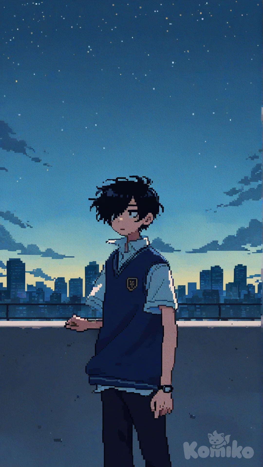 帮我生成图片：图片风格为像素风,像素艺术，精致，像素风格，复古，二次元，动漫风格。,像素艺术，精致，像素风格，复古，二次元，动漫风格，忧郁氛围。少年站在天台边缘，风拂过他的脸庞，孤独无尽。比例 9:16。