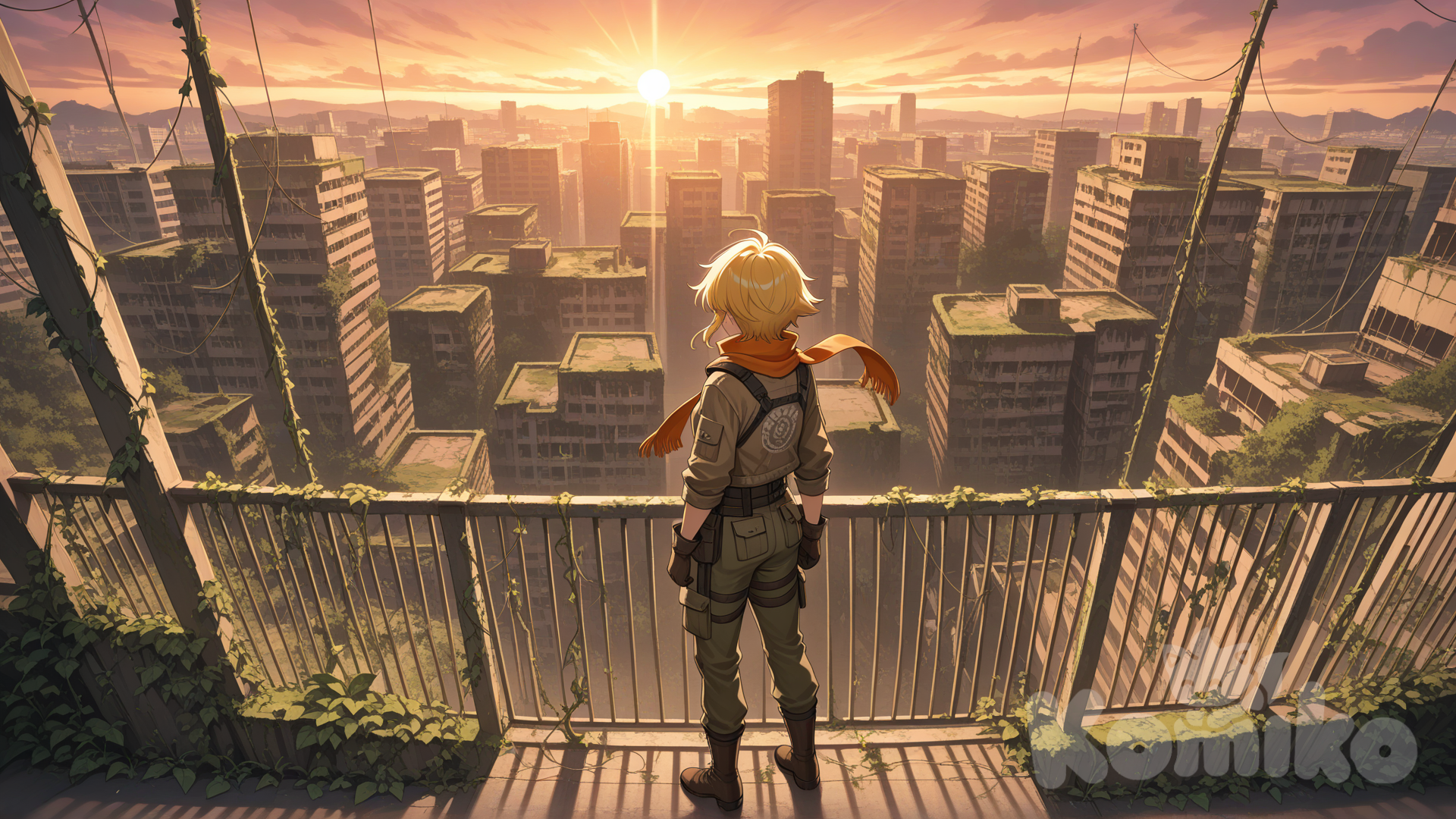 帮我生成图片：图片风格为动漫,日漫，新海诚风格，极其精致的细节刻画，明亮的色彩。,以精致的新海城艺术风格和复古的二次元动漫风格来构建画面，展示了一座被植物和苔藓覆盖的废墟城市。黄昏的阳光呈现出柔和的黄色，照亮了这座曾经繁华如今破败的城市。一个穿着废土风冒险服饰的女孩背对着镜头，伫立在城市最高处的破落天台上。女孩和天台在画面左下角，所占画面空间不大，而画面的主体是从俯视角度所看到的壮观废墟城市。比例 1:1。