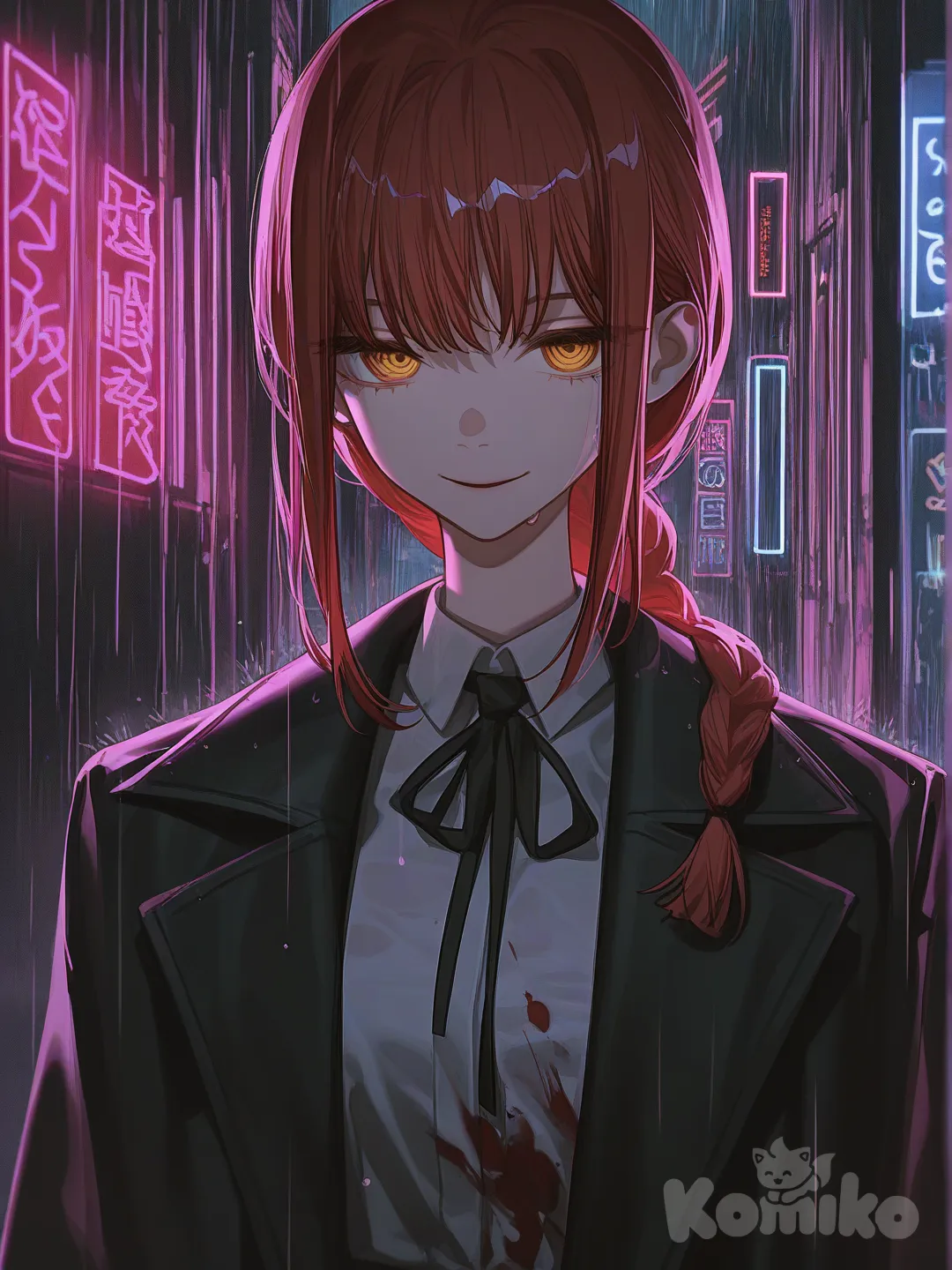 Makima from Chainsaw Man, waist-up portrait, standing alone in a dark, rainy urban alley at night, cinematic atmosphere, heavy rain falling, wet pavement reflecting neon lights, moody cyberpunk noir lighting.
Calm but unsettling expression, piercing eyes, subtle dominant aura.
Wearing formal dark coat and white shirt, small blood stain on the clothing, rain mixing with blood.
High detail anime realism, dramatic shadows, volumetric lighting, shallow depth of field, ultra-face, sharp focus, quality, wallpaper art, dark aesthetic, melancholic mood., [high-contrast-glossy-style]