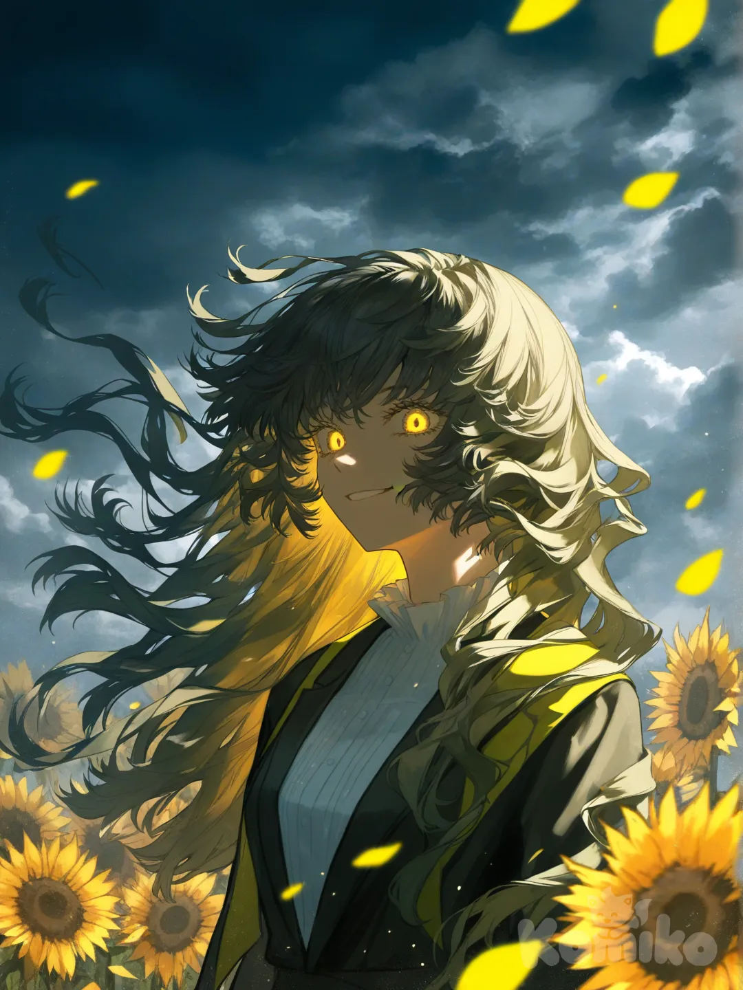 Yuuka Kazami from Touhou Project, ultra high-resolution portrait photo, waist-up, standing in a destroyed sunflower field, broken and withered sunflowers bending in the wind, dark cloudy sky, post-apocalyptic atmosphere.
Calm yet terrifying expression, subtle smile of impending doom, eyes filled with silent menace and inevitability.
Elegant outfit, slightly torn by wind, hair flowing gently, petals and dust in the air.
Cinematic lighting, dramatic shadows, muted colors with deep yellows and dark greens, shallow depth of field.
Anime realism, hyper-face, sharp focus, 8k quality, illustration, dark fantasy mood, wallpaper art., [moody-glow-style]