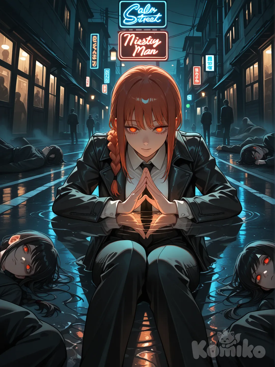 [glossy-anime-style] Makima from Chainsaw Man, sitting on the ground in the middle of a dark city street at night, calm and emotionless expression, red eyes glowing slightly. She is performing her iconic hand gesture — hands pressed together, fingers aligned, palms touching, rotating in opposite directions. Street illuminated by dim neon lights and flickering street lamps, wet asphalt reflecting light. Behind her, in the background, several lifeless bodies lying on the street, partially obscured by shadows, no gore. Dark, cinematic atmosphere, psychological horror vibe, dramatic lighting, high detail, anime realism, sharp focus, moody color grading, night fog, tense and unsettling mood.