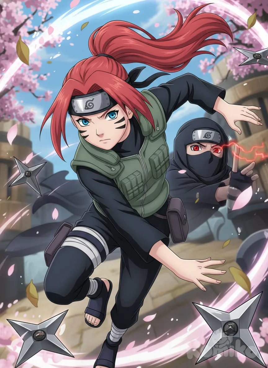 Minha oc Kira uzumaki 21 anos menina criança cabelo vermelho amarrado , olho azul , pele clara , e 3 riscas finas em cada lado do rosto, é uma ninja jounin aldeia da Folha ela usa uniforme Jounin, suas habilidades consegue até mesmo esquivar do Sharingan , anime style