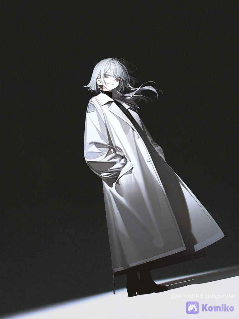 [high-contrast-glossy-style], 1girl, hands in pockets, long coat, panoramic lens