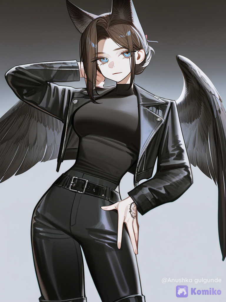 [high-contrast-glossy-style], Mature and confident aura, tall toned athletic build, windswept dark brown hair, intense observant blue eyes, smooth fair complexion, mystical sleeve tattoo, sleek black feathered wings, discreet dark fox ears, fitted black leather jacket and boots, anime coloring