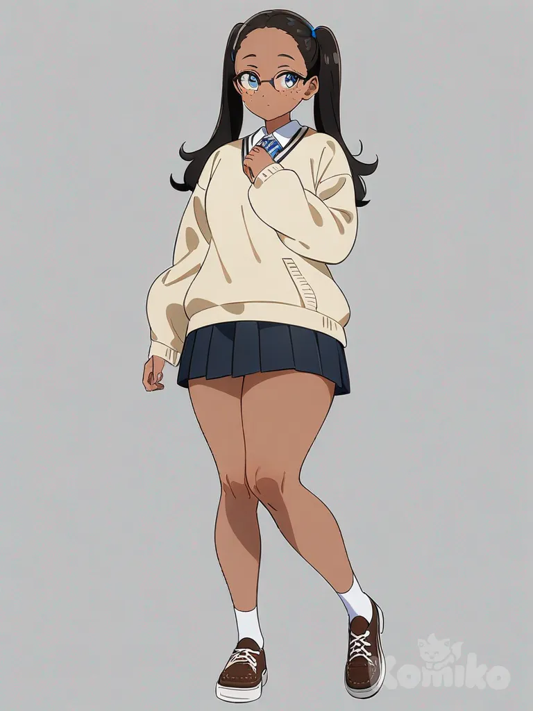 1girl, teenager, curvy, pigtails, blue eyes, freckles, tan skin, school clothes, glasses, single character, full body, looking at viewer, anime style, simple background, white background