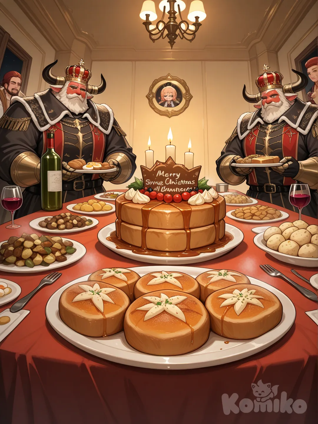 CONSOADA﻿
: mesa com bacalhau, pão, vinho, velas e família estilizada.
BOLO REI﻿
: bolo em forma de coroa com frutas cristalizadas e frutos secos.
BACALHAU COM TODOS﻿
: travessa com bacalhau cozido, batatas, couves, cenouras, ovos e azeite.
ROUPA VELHA DE BACALHAU﻿
: frigideira ou prato com mistura de bacalhau desfiado, batata e couve salteados.
FILHOSES﻿
: 3 ou 4 filhoses em formas irregulares, polvilhadas com açúcar e canela.
RABANADAS﻿
: fatias de pão douradas, com açúcar e canela, ou com calda, num prato.
VINHO DO PORTO﻿
: cálice típico de vinho do Porto, de cor rubi.
FIGOS SECOS
: pequeno prato com figos secos e nozes