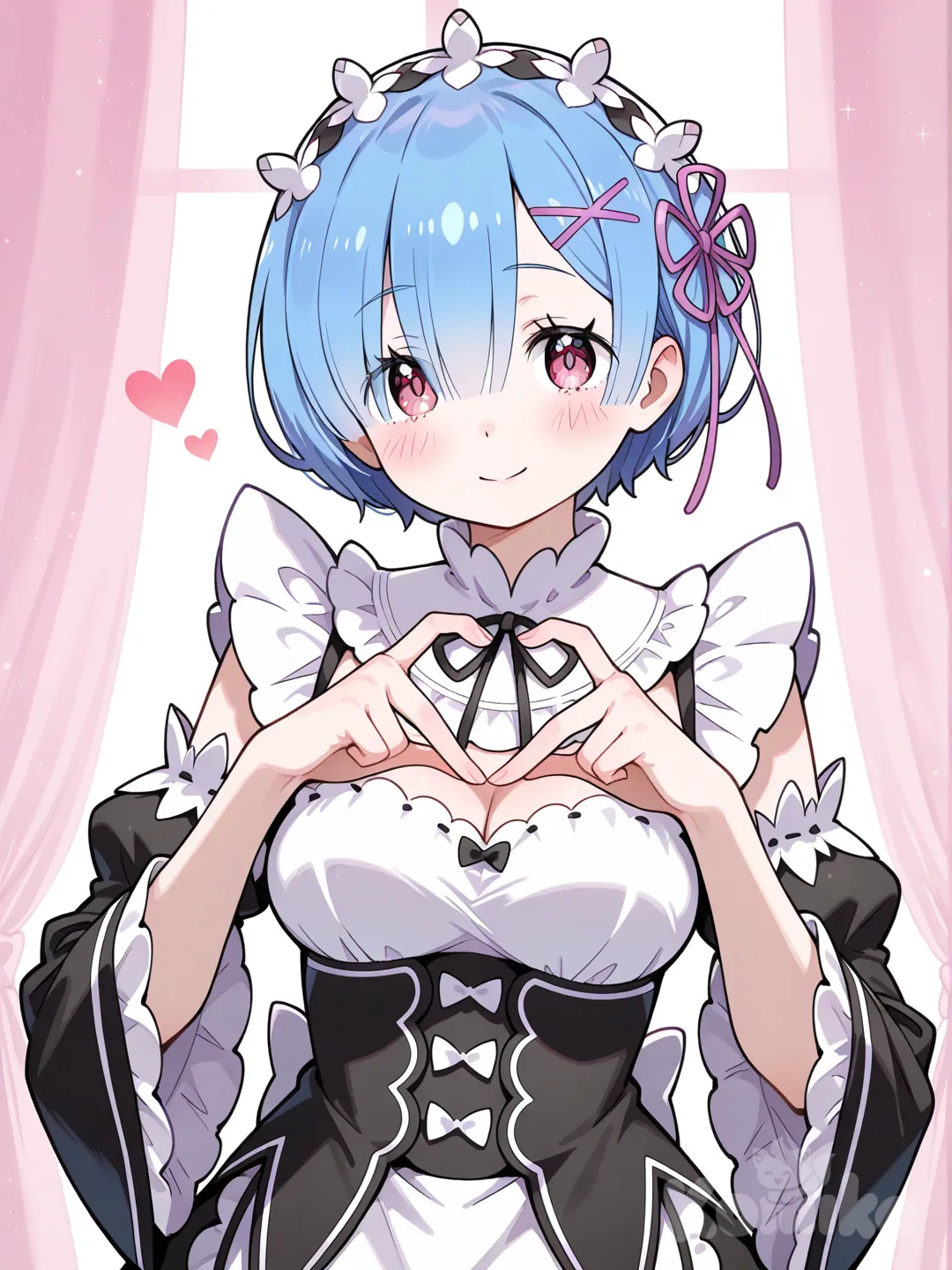 rem (re:zero), heart hands, looking at viewer