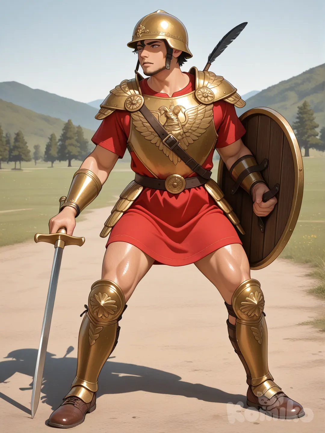 Roman Polybian hastatus infantryman (III century BC). Attic Bronze helmet (without reinforcements, Hellenistic influenced in style) bronze cheek-guards (covering the ear). Black feather crest (3 plumes). Painted wooden White-red, smoothly-surfaced scutum shield. Shield wooden spine and metal boss in relief. Musculata armor bronze chest-plate. Shiny steel pilum heavy javelin with wooden shaft. Ancient Italian landscape. White padded armor over red shirt garment. Compact, realistic, perspective, photo-like, real-like, volume, tridimensional, light-shadow, deep, historical, accurate, 3d, shadow-light. Mature, vigorous, masculine, dusty, engaged in combat. Textile fabric tunic. Chiaro-scuro effect. Completely naked legs, real human flesh. Chiaro-scuro, depth, tridimensional. Wooden shaft. Very colourful. No leather. Shaved. Perspective, plastic, deep. Naked forearms (human flesh). Extremely realistic. Smooth, real. No drape. Shield separated from armor. Wooden shield. Shaved chin. Naked legs. No beard. WHITE guy. No leather. Naked forearms. No leather. No leather. No leather. Bronze cheek-plate. No head-helmet reinforcements: not an imperial helmet, a normal smooth helmet cheekguards and minimal nape guard flowing from the scull-cup, not separated. Hyper-hyper-realistic and hyper-adherent to the original image. Don't add anything else than what I asked. Completely identical to the same image. Follow the same silohuette. Hyper-hyper-realistic and hyper-adherent to the original image. No-fantasy, no-reinterpretation.
