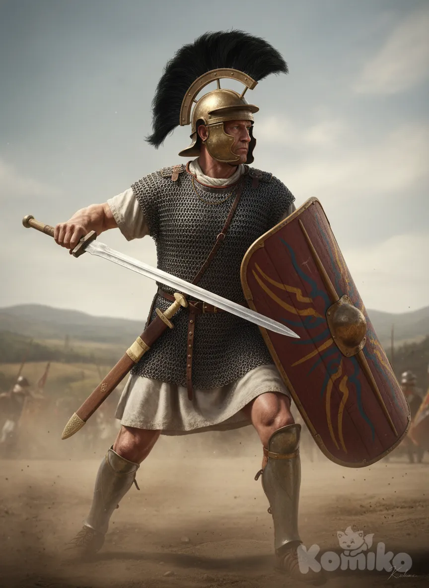 Life like. Roman Polybian triarius infantryman (III century BC). Montefortino Bronze helmet with iron transversal crest ridge, bronze cheek-guards (covering the ear). Black feather crest. Painted wooden red-blue, smoothly-surfaced scutum shield. Shield spine boss in relief. Lorica hamata chain mail shirt (rings, iron-dark grey). Extra mail shoulder protectioons. Shiny steel gladius hispaniensis sword with ivory handle. Wooden spear shaft. Ancient Italian landscape. Compact, realistic, perspective, photo-like, real-like, volume, tridimensional, light-shadow, deep, historical, accurate, 3d, shadow-light. Mature, vigorous, masculine, dusty, engaged in combat. Textile fabric tunic. Chiaro-scuro effect. Completely aked legs, real human flesh. Chiaro-scuro, depth, tridimensional. Wooden shaft. Very colourful. No leather. Shaved. Perspective, plastic, deep. Naked forearms (human flesh). Extremely realistic. Smooth, real. No drape. No plate, only mail. Shield separated from armor. Wooden shield. Shaved chin. Naked legs. metal greaves. No beard. WHITE guy. No leather. Naked forearms. White shirt. No leather. No leather. No leather. Bronze cheek-plate. No head-helmet reinforcements: not an imperial helmet, a normal montefortino skull-cap with cheekguards and minimal nape guard. Hyper-hyper-realistic and hyper-adherent to the original image. No-fantasy, no-reinterpretation. No bone on the scabbard. No napeguard. More conventional Montefortino scullcap with minimal/non existend napeguard. Lorica amata shoulders reinforcements. No circular but spine umbo, with a spine running across the shield. As real, tridimensional, right looking as it can. As real-life as possible. Historical, accurate, faithful, without extra elements added. Oval, not rectangular scutum, anime style