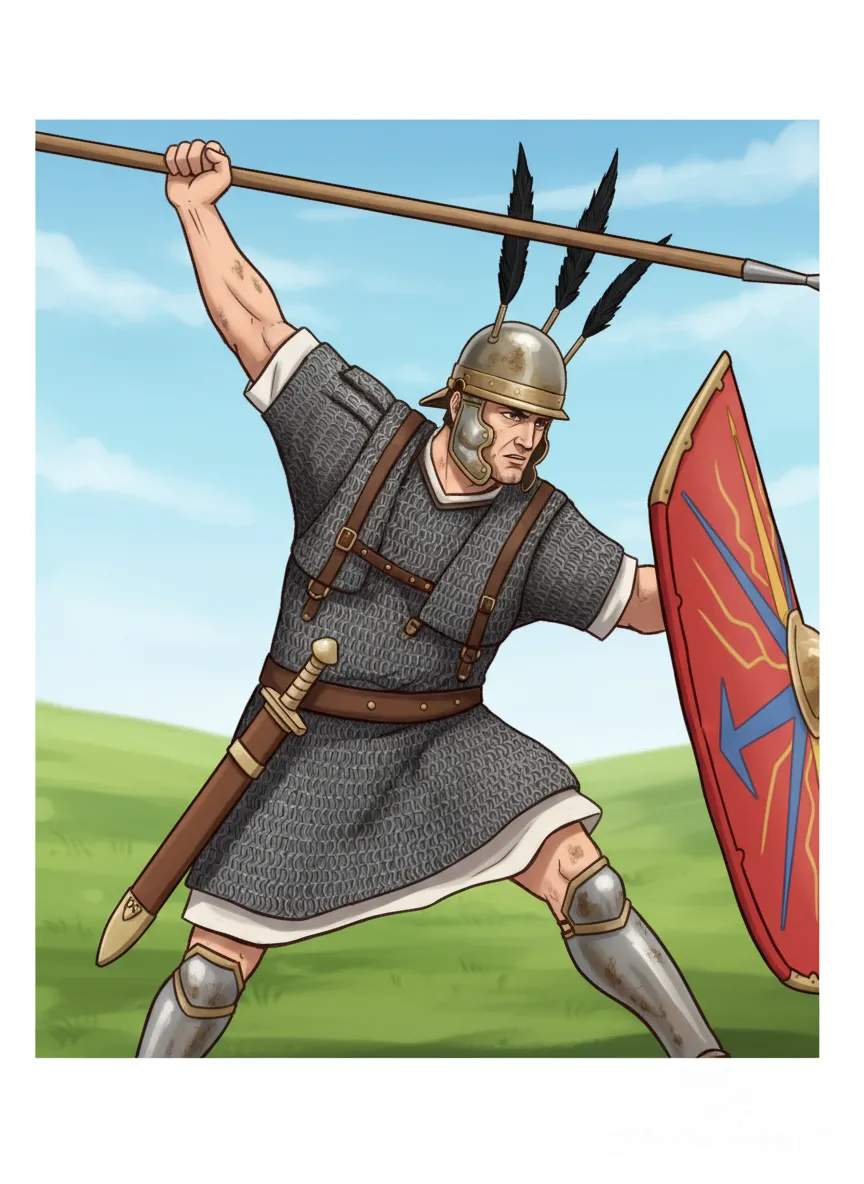 I want the same pose, don't alter the image. Life like. Roman Polybian triarius infantryman (III century BC). Montefortino Bronze helmet with iron transversal crest ridge, bronze cheek-guards (covering the ear). Black feather crest. Painted wooden red-blue, smoothly-surfaced scutum shield. Shield spine boss in relief. Lorica hamata chain mail shirt (rings, iron-dark grey). Extra mail shoulder protectioons. Shiny steel gladius hispaniensis sword with ivory handle. Wooden spear shaft. Ancient Italian landscape. Compact, realistic, perspective, photo-like, real-like, volume, tridimensional, light-shadow, deep, historical, accurate, 3d, shadow-light. Mature, vigorous, masculine, dusty, engaged in combat. Textile fabric tunic. Chiaro-scuro effect. Completely aked legs, real human flesh. Chiaro-scuro, depth, tridimensional. Wooden shaft. Very colourful. No leather. Shaved. Perspective, plastic, deep. Naked forearms (human flesh). Extremely realistic. Smooth, real. No drape. No plate, only mail. Shield separated from armor. Wooden shield. Shaved chin. Naked legs. metal greaves. No beard. WHITE guy. No leather. Naked forearms. White shirt. No leather. No leather. No leather. Bronze cheek-plate. No head-helmet reinforcements: not an imperial helmet, a normal montefortino skull-cap with cheekguards and minimal nape guard. Hyper-hyper-realistic and hyper-adherent to the original image. No-fantasy, no-reinterpretation. No bone on the scabbard. No napeguard. More conventional Montefortino scullcap with minimal/non existend napeguard. Lorica amata shoulders reinforcements. No circular but spine umbo, with a spine running across the shield. As real, tridimensional, right looking as it can. As real-life as possible. Historical, accurate, faithful, without extra elements added , anime style Not imperial rectangular scutum, but the Romano-Italic one of the 3rd century BC (OVAL, oblong and not squared). No reinforcements on the helmet: it's not an Imperial helmet but a Montefortino from the 3rd century bc without reinforcements on the skull-cap. The crest is transversal from left to right, not front to back. The sword is a gladius hispaniensis from the 3rd century bc, not a Medieval sword. Also he's holding a spear, not a sword. Greaves of only one piece, no rivets., anime style