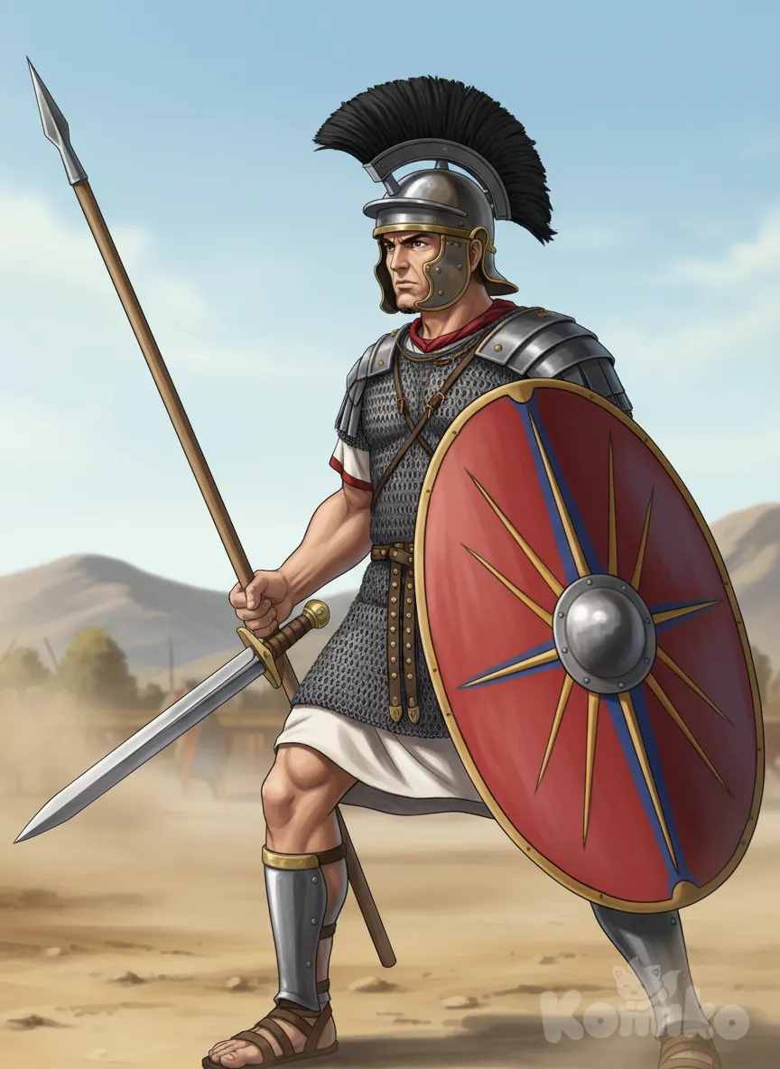 Life like. Roman Polybian triarius infantryman (III century BC). Montefortino Bronze helmet with iron transversal crest ridge, bronze cheek-guards (covering the ear). Black feather crest. Painted wooden red-blue, smoothly-surfaced scutum shield. Shield spine boss in relief. Lorica hamata chain mail shirt (rings, iron-dark grey). Extra mail shoulder protectioons. Shiny steel gladius hispaniensis sword with ivory handle. Wooden spear shaft. Ancient Italian landscape. Compact, realistic, perspective, photo-like, real-like, volume, tridimensional, light-shadow, deep, historical, accurate, 3d, shadow-light. Mature, vigorous, masculine, dusty, engaged in combat. Textile fabric tunic. Chiaro-scuro effect. Completely aked legs, real human flesh. Chiaro-scuro, depth, tridimensional. Wooden shaft. Very colourful. No leather. Shaved. Perspective, plastic, deep. Naked forearms (human flesh). Extremely realistic. Smooth, real. No drape. No plate, only mail. Shield separated from armor. Wooden shield. Shaved chin. Naked legs. metal greaves. No beard. WHITE guy. No leather. Naked forearms. White shirt. No leather. No leather. No leather. Bronze cheek-plate. No head-helmet reinforcements: not an imperial helmet, a normal montefortino skull-cap with cheekguards and minimal nape guard. Hyper-hyper-realistic and hyper-adherent to the original image. No-fantasy, no-reinterpretation. No bone on the scabbard. No napeguard. More conventional Montefortino scullcap with minimal/non existend napeguard. Lorica amata shoulders reinforcements. No circular but spine umbo, with a spine running across the shield. As real, tridimensional, right looking as it can. As real-life as possible. Historical, accurate, faithful, without extra elements added , anime style Not imperial rectangular scutum, but the Romano-Italic one of the 3rd century BC (OVAL, oblong and not squared). No reinforcements on the helmet: it's not an Imperial helmet but a Montefortino from the 3rd century bc without reinforcements on the skull-cap. The crest is transversal from left to right, not front to back. The sword is a gladius hispaniensis from the 3rd century bc, not a Medieval sword. Also he's holding a spear, not a sword. Greaves of only one piece, no rivets., anime style