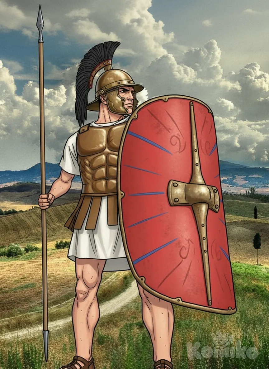 Roman Polybian triarius infantryman 3rd century BC, exact same pose and framing as the reference image, do not alter composition or camera angle, hyper-realistic museum-grade rendering, white Caucasian male late 30s, mature vigorous masculine face completely clean-shaven chin and cheeks no beard no stubble, short black military crop, skin slightly dusty with visible pores and sweat sheen, engaged in combat stance.Helmet: classic bronze Montefortino skull-cap type E/F mid-3rd century BC with no nape-guard reinforcement and no brow reinforce, simple rounded bowl with faint hammer marks, iron transversal crest ridge riveted left-to-right across the crown exactly like the Canosa and Ksour es-Sad specimens, large hinged bronze cheek-guards with rolled edges fully covering the ears down to jaw level, bronze cheek-plates, tall dense black natural crow-feather crest bound with thin red wool cord rising vertically from the iron ridge socket.Torso armour: highly polished bronze lorica musculata anatomical muscle cuirass with deep idealized pectorals, six-pack abdomen, navel detail, raised border rim and small side hooks, cast bronze surface catching strong light reflections, worn directly over a short-sleeved pure white linen textile tunic with tight weave, no belt, no drapery folds, tunic ending just above the knee.Arms: completely naked bare human flesh from mid-biceps downward, visible veins pores muscle definition and light body hair, absolutely no leather or fabric covering on forearms.Legs: completely naked bare human flesh from mid-thigh downward, powerful calves and thighs with realistic skin texture, no greaves, no wraps, no pteruges, no leather anywhere on the entire figure.Shield: large oval wooden scutum mid-3rd century BC Polybian type, smoothly convex laminated poplar planks, thin linen facing painted vivid Roman red with cobalt-blue rim band and simple blue central motif, prominent vertical bronze spina strip running top-to-bottom, large domed bronze boss in high relief with separate bronze edging rim, clear wood grain visible on the thin edge, shield held fully separated from the muscle cuirass by the left arm.Weapon: right hand gripping long straight ash-wood shaft thrusting spear (hasta) with small iron leaf-shaped head and iron butt-spike.Background: ancient central Italian landscape, Lazio/Samnite rolling hills with scattered oaks and olive trees under bright Mediterranean midday sun, soft haze in distance.Lighting and rendering: extreme photorealistic 8k detail, razor-sharp focus on bronze reflections, feather texture, linen weave, skin pores and dust particles, strong chiaroscuro light-shadow play with deep volume and tridimensional depth, very colourful saturated bronze and red tones, compact plastic smooth real-life look, maximum historical accuracy to every specified element, no added fantasy or imperial items, no reinterpretation




, anime style