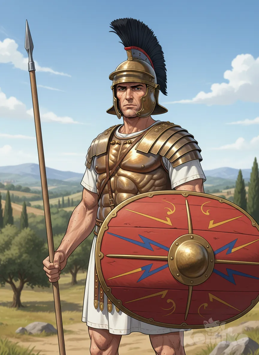Roman Polybian triarius infantryman 3rd century BC, white Caucasian male late 30s mature vigorous masculine face completely clean-shaven no beard no stubble short black military crop, skin dusty and glistening with sweat in full combat stance, bronze Montefortino helmet one-piece cast bowl with clearly visible iron transversal crest ridge riveted front-to-back exactly like the Canosa di Puglia and Sesto Calende specimens, large hinged bronze cheek-guards with rolled edges fully covering the ears and bronze cheek-plates swinging at jaw level, tall dense black feather crest made of real crow feathers bound with red wool thread rising straight from the iron ridge socket, torso covered by highly polished bronze lorica musculata muscle cuirass with deep anatomical detailing over pectorals abs navel and back musculature edges finished with rolled rim and tiny fastening hooks exactly as Hellenistic-Roman elite examples from the mid-3rd century, underneath a pure white short-sleeved linen textile tunic tightly fitted no belt no drapery ending just above the knee, forearms completely naked bare human flesh veins pores and muscle definition from mid-biceps down, legs completely naked bare human flesh from mid-thigh down no greaves no wraps no leather anywhere on the entire body, left arm holding massive oval wooden scutum built from laminated poplar planks edge-bound with rawhide covered in thin linen canvas smoothly painted vivid Roman red with cobalt-blue rim and central blue thunderbolt, prominent vertical bronze spina strip riveted along the spine and large heavy domed bronze boss in high relief with separate bronze edging rim, shield held completely separated from the muscle cuirass, right hand gripping long straight ash-wood shaft hasta with small iron leaf-shaped spearhead and iron sauroter butt-spike, background ancient central Italian landscape with rolling Samnite hills scattered holm oaks olive trees and cypresses under harsh midday Mediterranean sun, extremely photorealistic hyper-8k, razor-sharp focus on bronze reflections linen weave skin pores dust particles and feather texture, deep cinematic perspective strong chiaroscuro light-shadow play, intense volume tridimensional depth very colourful saturated bronze and red tones, compact plastic smooth real look, maximum historical accuracy in every material and proportion



, anime style