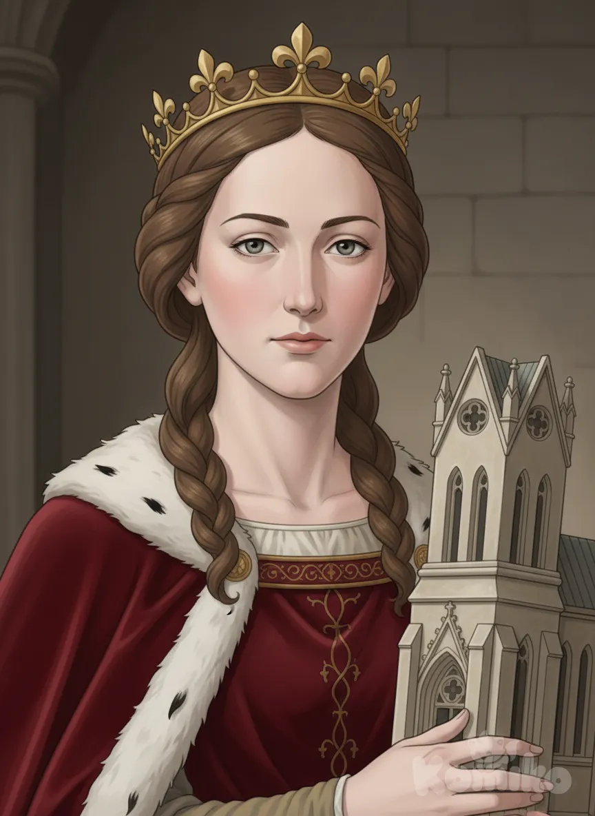 A hyper-realistic, museum-grade photographic reconstruction of Jeanne I of Navarre, Queen of France (1273–1305), inspired by the natural facial proportions of a 13th-century French royal statue. Portray her as a woman in her mid-twenties with an oval, symmetrical face; fair, slightly rosy skin; medium brown hair with soft natural waves; hair arranged in loose medieval braids partially hidden beneath a delicate early-Capetian gold circlet of open fleurs-de-lis. Light hazel eyes with touches of grey, calm and intelligent expression, softly arched light-brown eyebrows. Straight, refined medieval French nose; soft, natural lips. Ultra-skin texture, subtle lighting, no makeup, historically accurate medieval realism.
Clothing: a deep red velvet mantle trimmed with ermine, embroidered with subtle gold thread inspired by 13th-century French royal textile patterns. Background: dim, neutral medieval interior stone or a softly blurred backdrop evoking a royal chapel.
Lighting: soft, directional natural light, emphasizing lifelike depth, fine detail of the face, and the gold sheen of the circlet. Style: photorealistic, ultra-high resolution, cinematic texture, historical accuracy prioritized over stylization. Expression: serene, introspective, queenly dignity.
Embracing on the right the model of a church she donated (typical statue iconography).
Follow the statue's image and traits, just add a philter to the basis. Use the same exactl lines provided by the photo. You just have to "clothe" the statue as it's in the photo as if she was a real person, not creating a new image of her., anime style