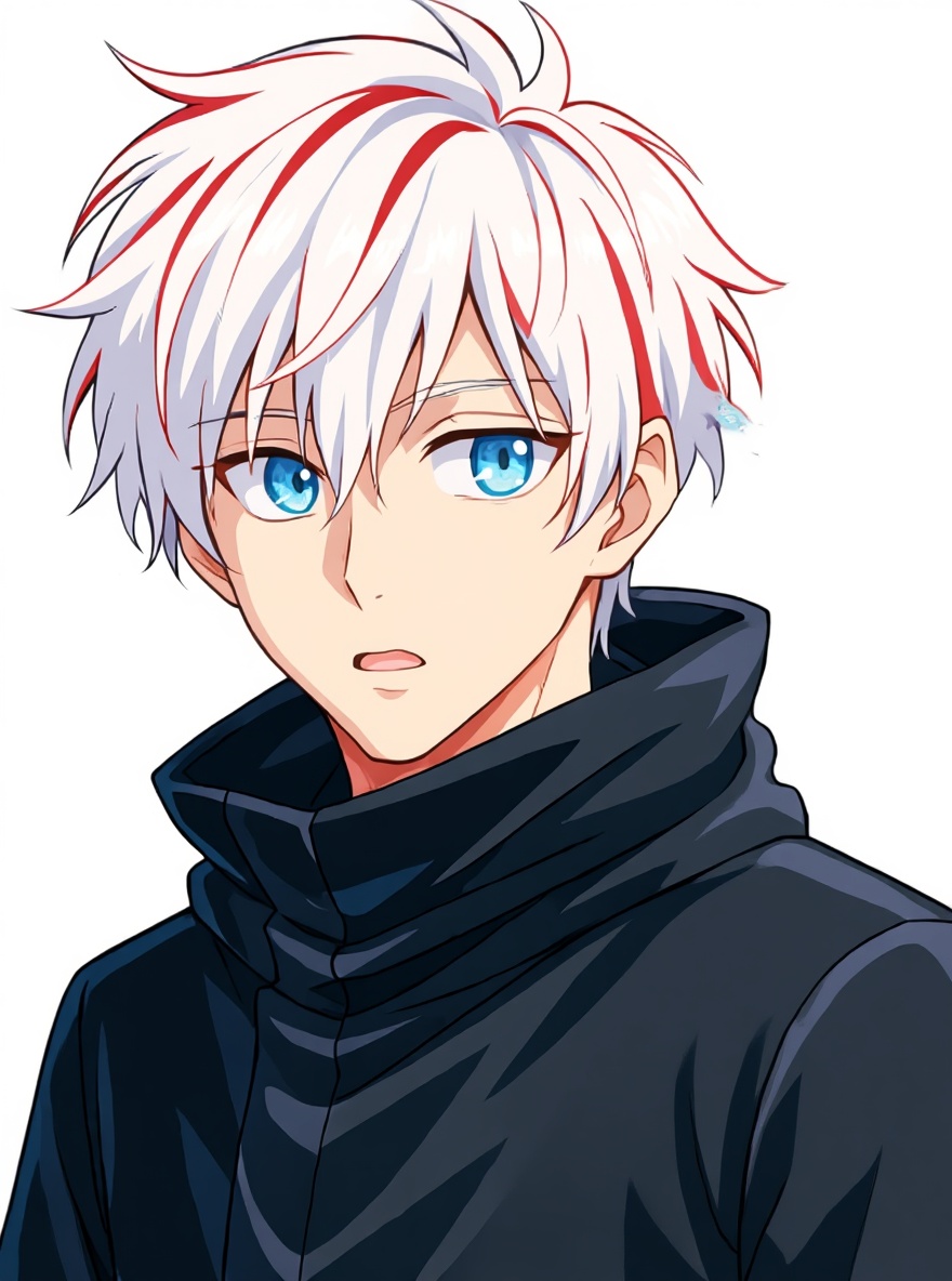 1boy, jujutsu kaisen style, teenager, athletic build, sky blue eyes, white hair, red highlights, messy hair, fair skin, black turtleneck sweater, modern clothing, single character, full body, looking at viewer, simple background, white background