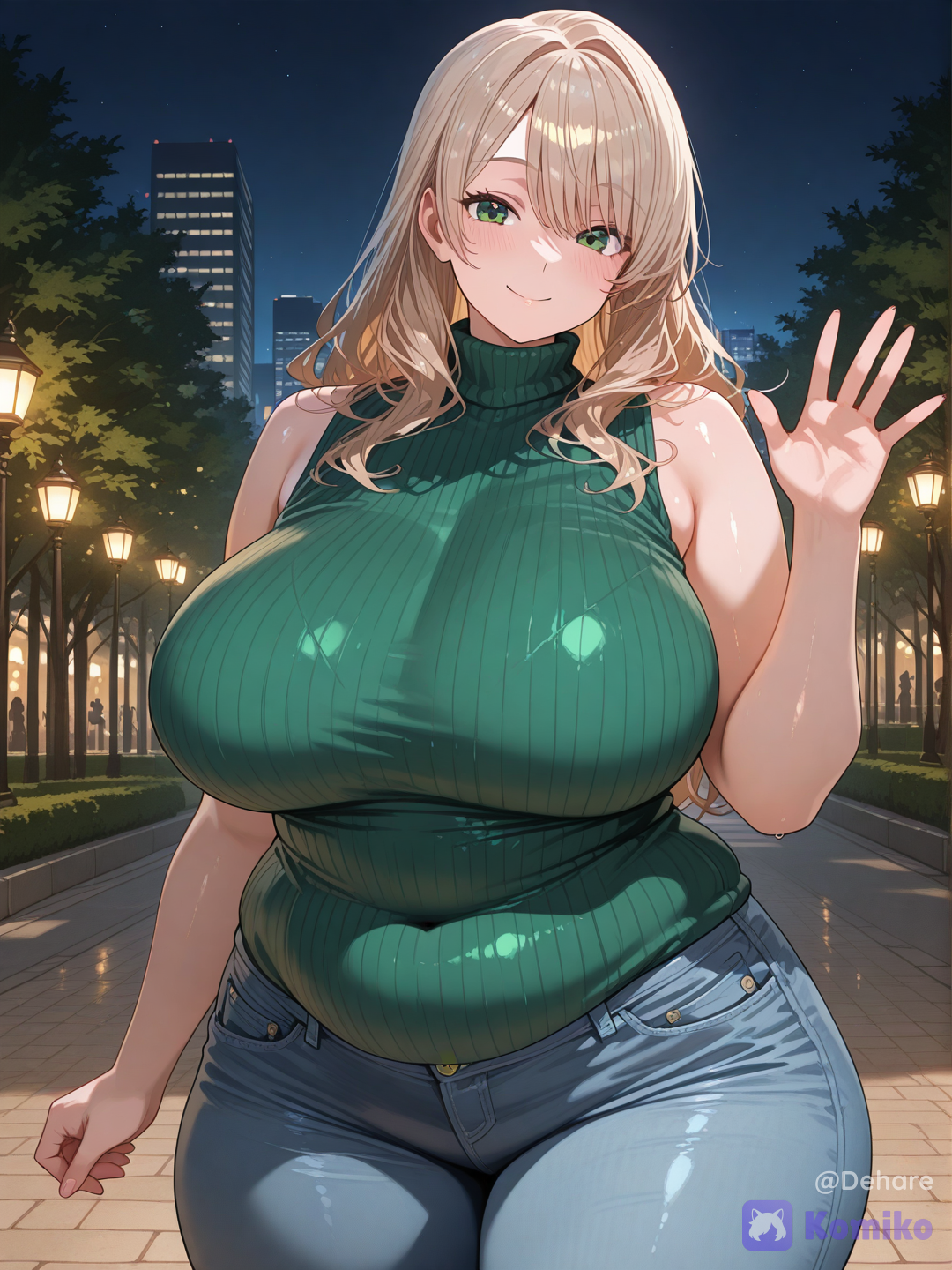 @lily-3VSu, green sleeveless turtleneck sweater, jeans, park, night, city lights, [soft-luminous-anime-style], cowboy shot, waving, smile