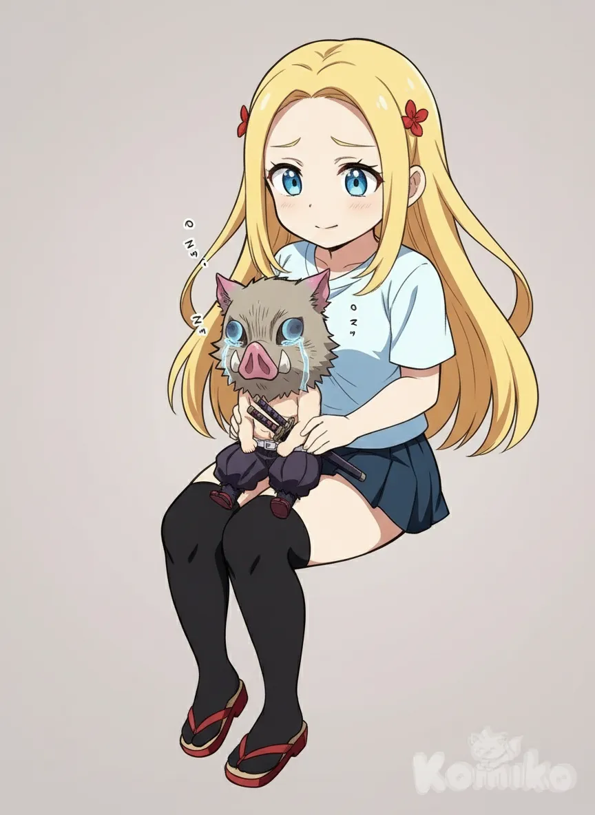 1boy, 1girl, 2people, Hashibira Inosuke, chibi, sitting on lap, crying, anime style