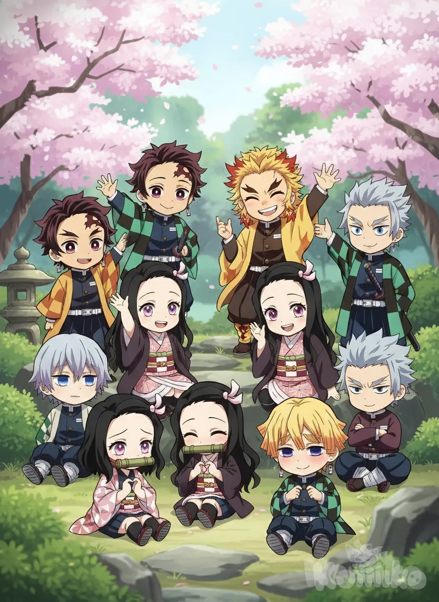 1boy, 1girl, 2people, 2boys, 2girls, Kamado Nezuko, Kochou Shinobu, Rengoku Kyoujurou, Kanroji Mitsuri, Agatsuma Zenitsu, Kamado Tanjirou, Tsuyuri Kanao, Hashibira Inosuke, Iguro Obanai, Tokitou Muichirou, Shinazugawa Sanemi, Tomioka Giyuu, chibi, waving, heart hands, hands in pockets, sitting on the ground, blush, garden, anime style