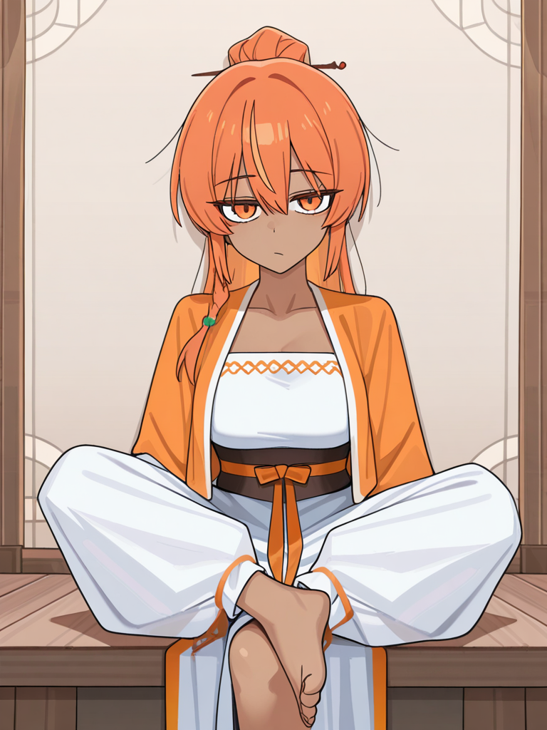 [toon-shaded-style], 1girl long orange hair orange eyes light brown skin, hanfu top, leaning against wall, sitting cross-legged