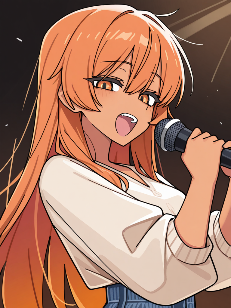[toon-shaded-style], 1girl long orange hair orange eyes light brown skin, singing, bohemian shirt