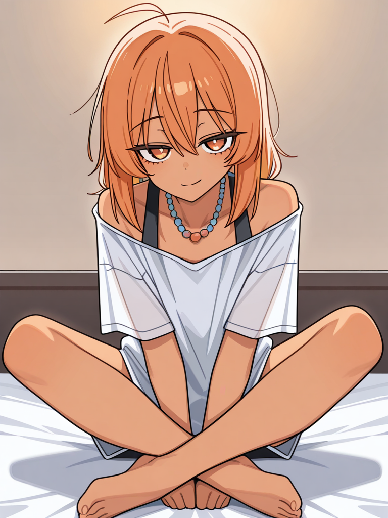 [toon-shaded-style], 1girl long orange hair orange eyes light brown skin, bohemian shirt
