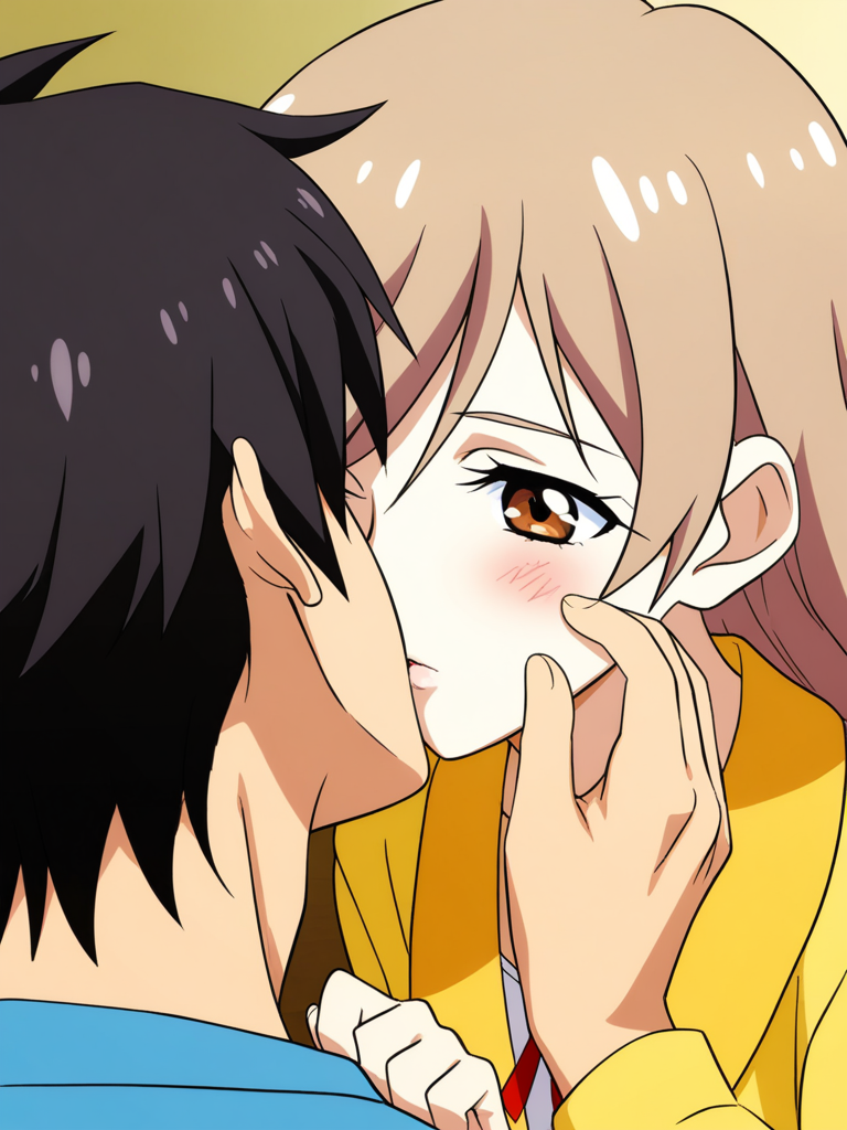 [pop-anime-style], 1boy black hair brown eyes light brown skin, and[pop-anime-style], 1girl long light brown hair brown eyes light brown skin, kissing