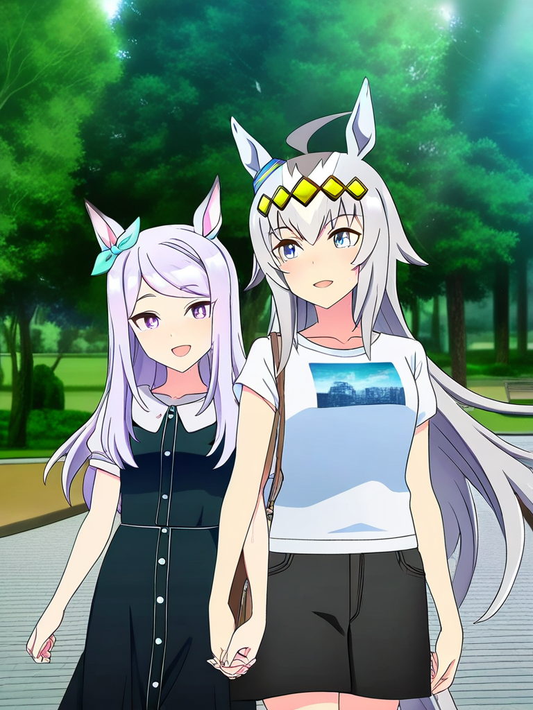 [bright-anime-style], @Oguri_Cap_(Umamusume) and, @Mejiro_Mcqueen_(Umamusume), smile, open mouth, walking together