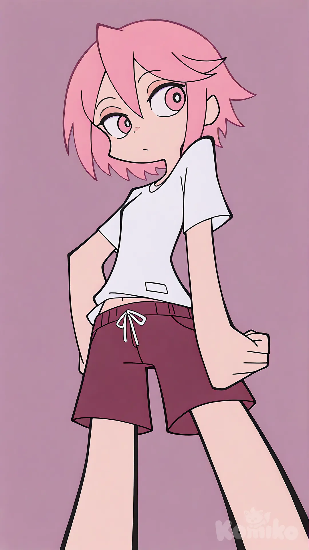 Faça, [minimalist-style] do cartoon de referência que mandei, coloque um short na mulher da imagem.