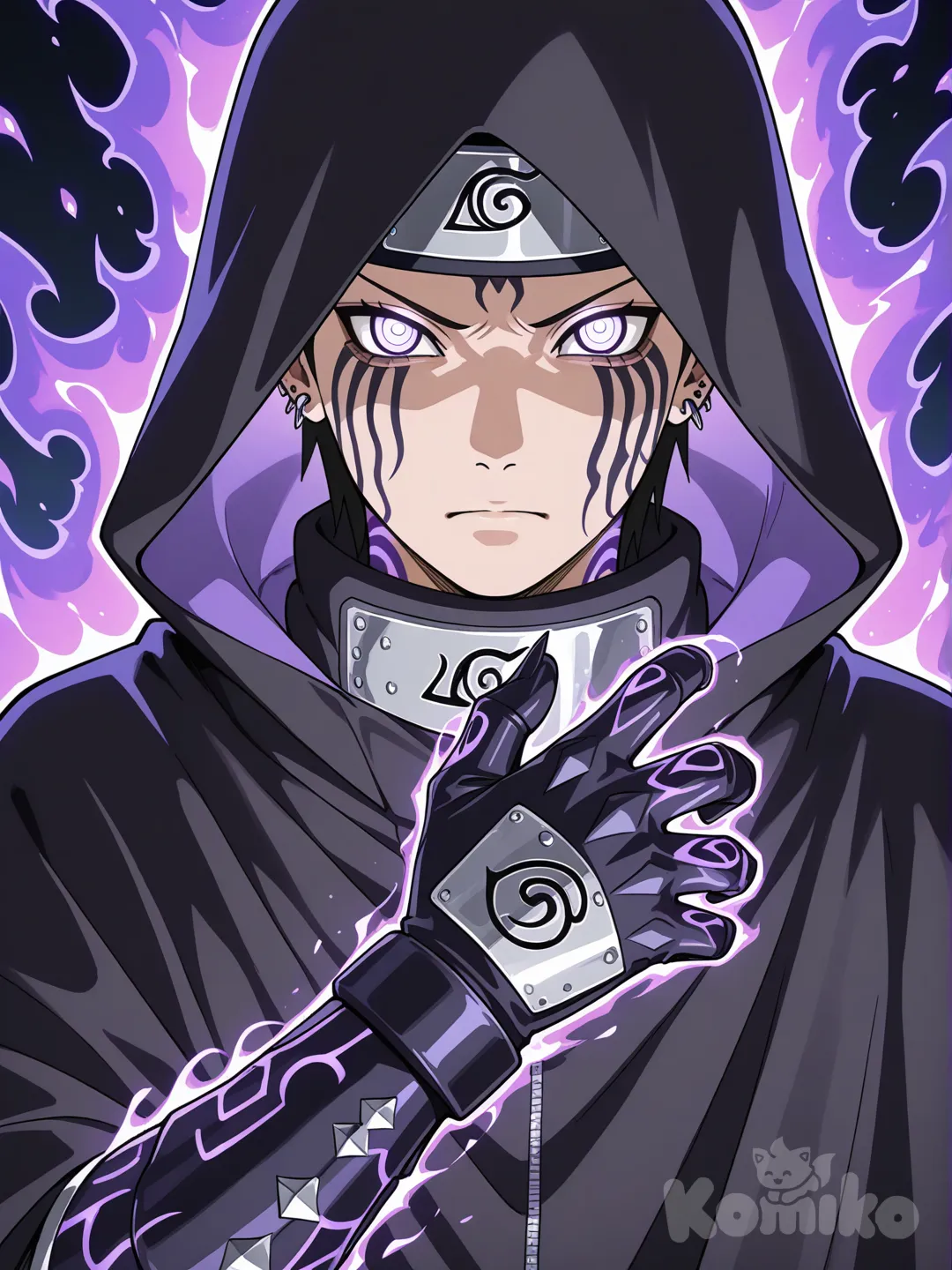 “Naruto anime style character portrait of Zombria Rishima: male ninja with void‑like swirling spiral violet‑black eyes resembling a unique dojutsu, white Byakugan‑like eyes with violet‑black cosmic spirals, dark runic chakra tattoos glowing violet across temples and spine, wearing a black chakra‑insulated voidweave cloak, sealed palm gauntlets, intense stare, cosmic aura, anime art style.”