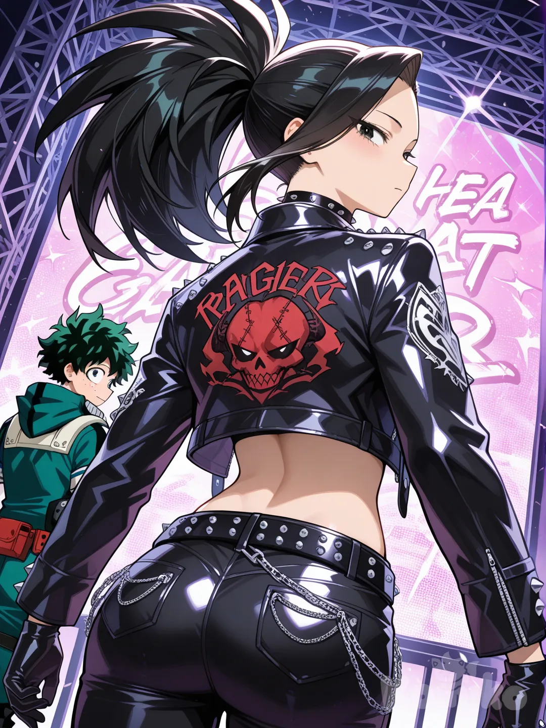 @Midoriya_Izuku, @Yaoyorozu_Momo, looking back, punk leather jacket, panoramic lens
