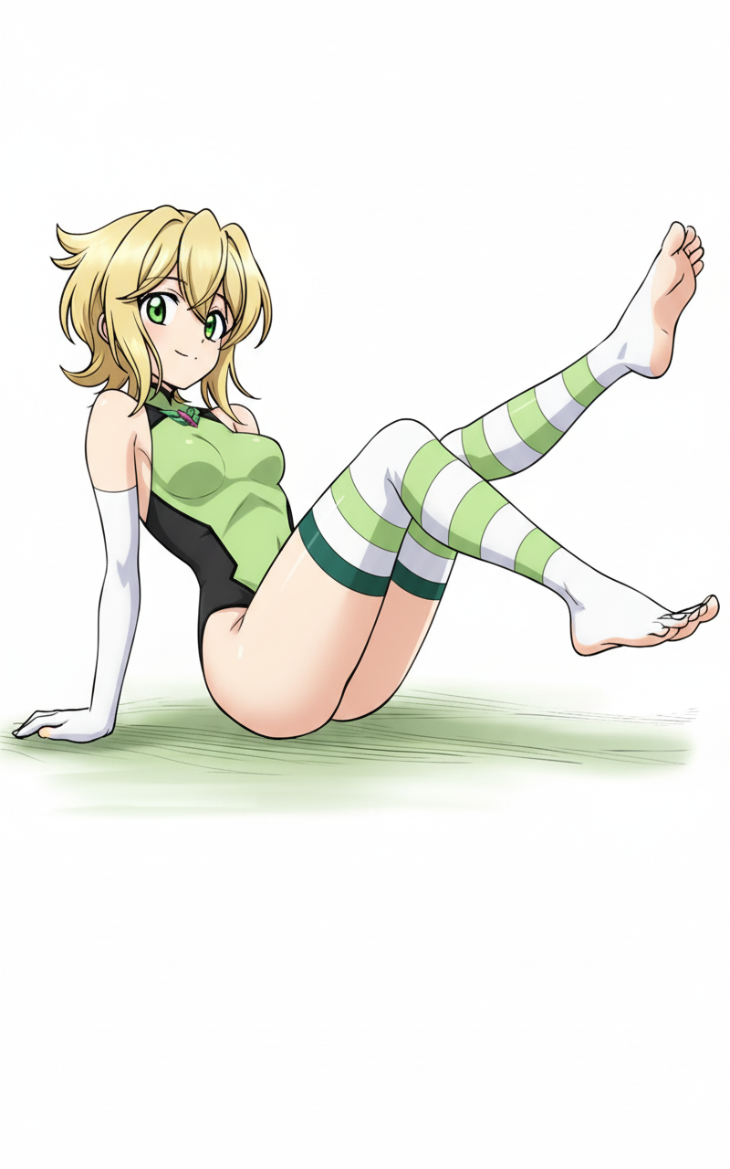 green eyes, short blonde hair, green and black one-piece swimsuit, white gloves with green fingers up to the arm, green and white striped tights on feet, feet up