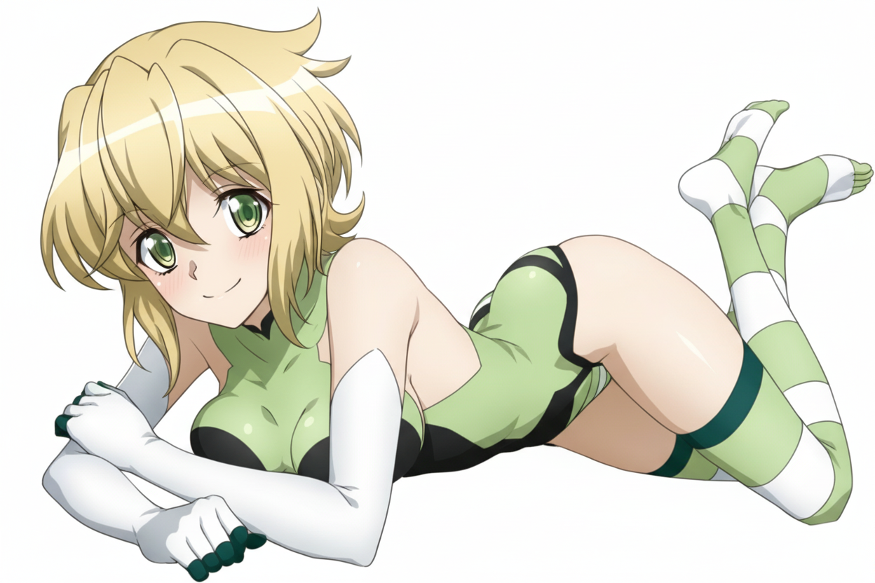green eyes, short blonde hair, green and black one-piece swimsuit, white gloves with green fingers up to the arm, green and white striped tights on feet, feet up