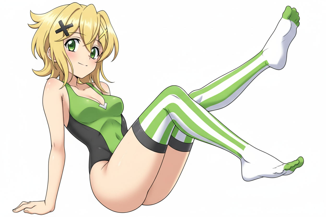 green eyes, short blonde hair, Black X-shaped hair clip on the left side of her bangs, green and black one-piece swimsuit, white gloves with green fingers up to the arm, green and white striped tights on feet, feet up