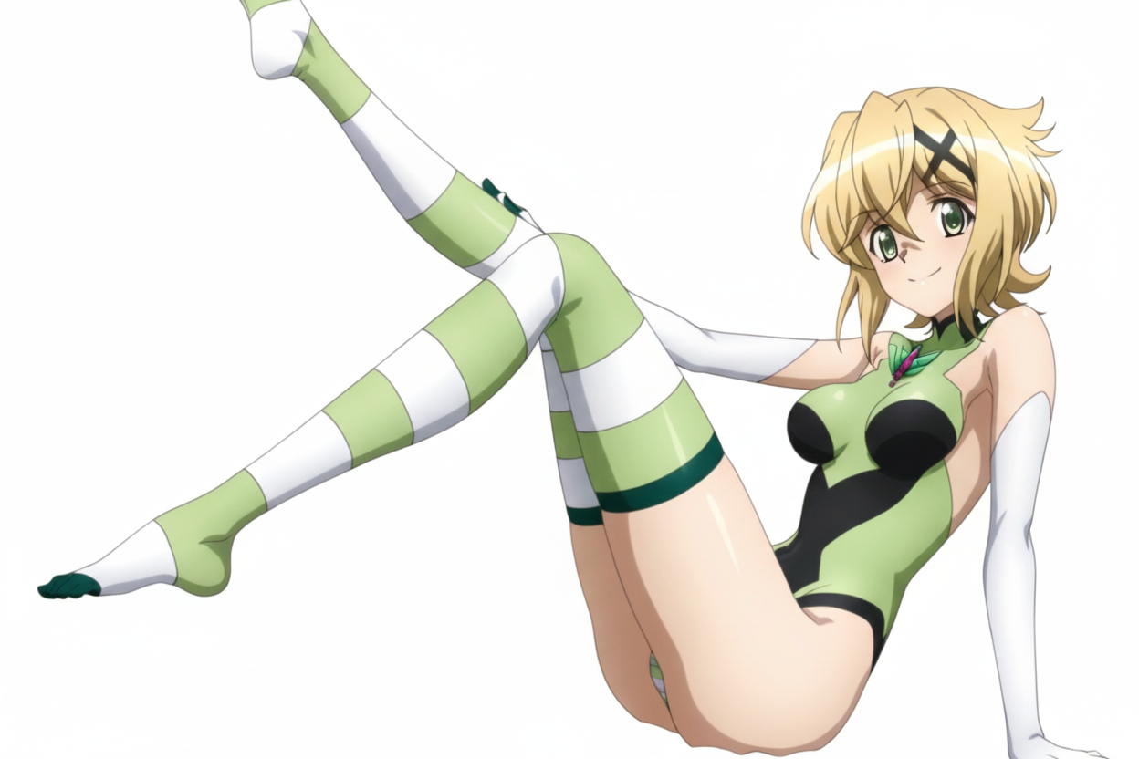 green eyes, short blonde hair, green and black one-piece swimsuit, white gloves with green fingers up to the arm, green and white striped tights on feet, feet up, on a white background