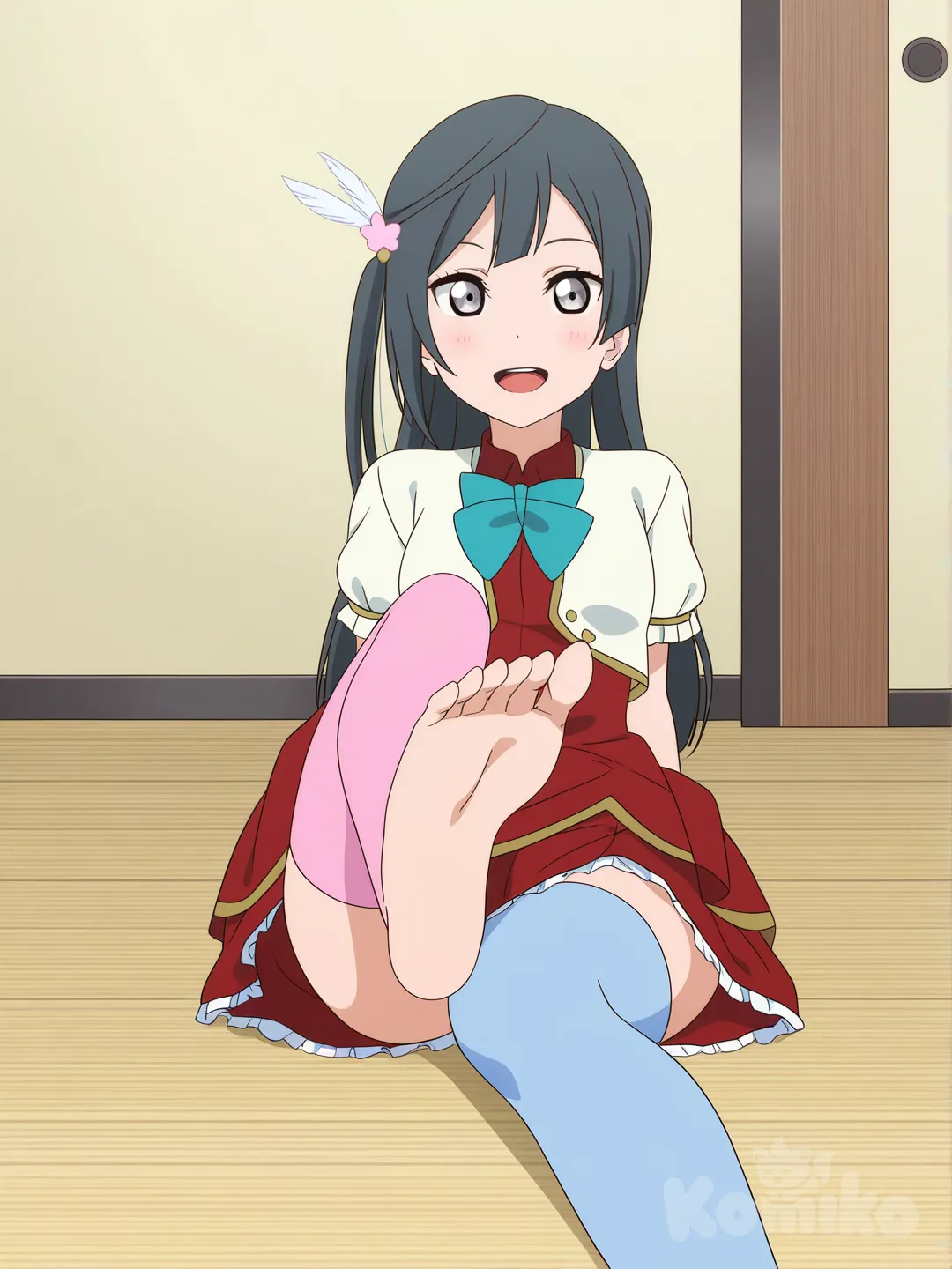 very aesthetic, @Yuki_Setsuna_(Love_Live!),1girl, solo, grey eyes, frilled skirt, bowtie, cropped jacket, shirt, hair ornament, asymmetrical legwear, white cropped jacket, red skirt, blue thighhighs, pink thighhighs, smiling, open mouth, blush, sitting on the floor, posing, leg up, feet, soles, showing the soles of the feet, white background, no shoes, no boots , [flat-anime-style]