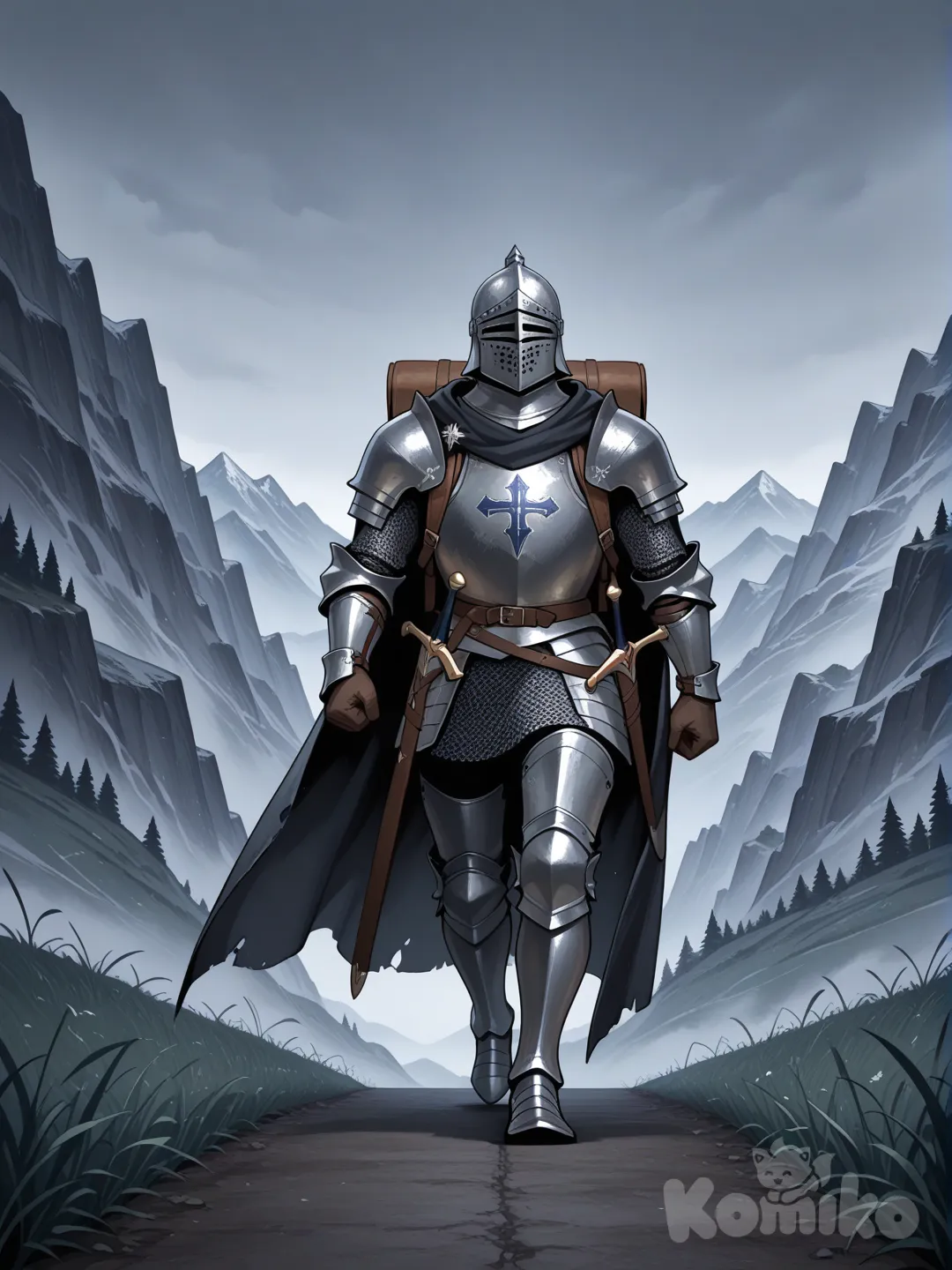 Embrace the role of a medieval knight on a journey through the mountains in a dark Fantasy, medieval style.