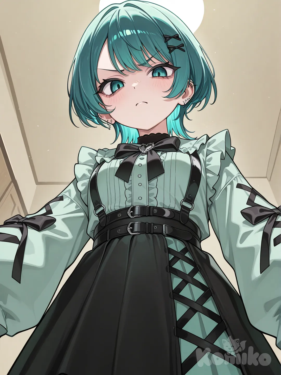 teal hair, short hair, slender, small breasts, teal eyes, pastel green jirai kei, angry, looking down at camera