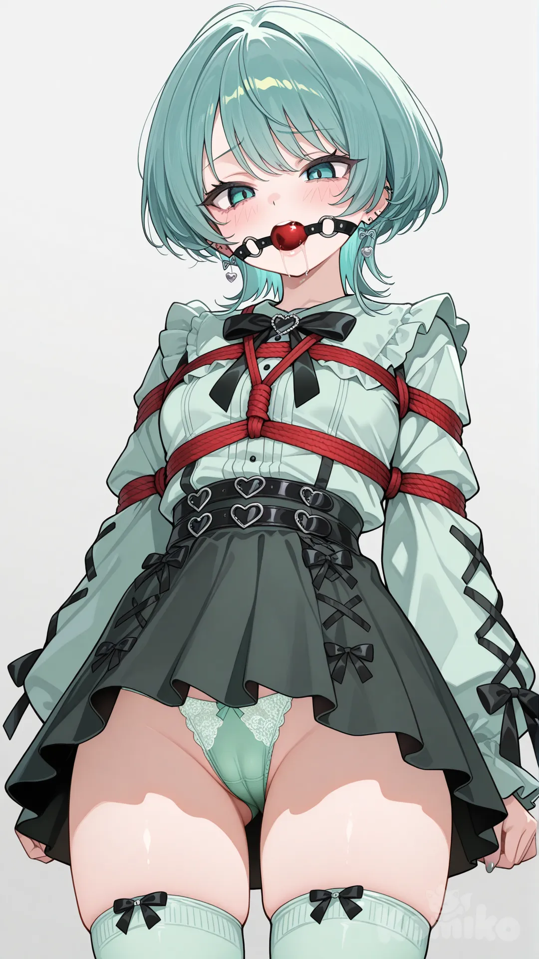 shibari over clothes, panty shot, cameltoe, teal hair, short hair, slender, small breasts, teal eyes, pastel green jirai kei, pastel green teigh highs, pastel green thong panites, ball gag drooling, panty shot, cameltoe