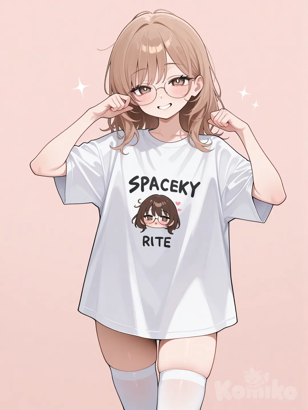 glasses, slender, white thighhighs, white-shirt, white thighhighs, borwn hair, light brown eyes, glasses, slender cheeky pose, no background