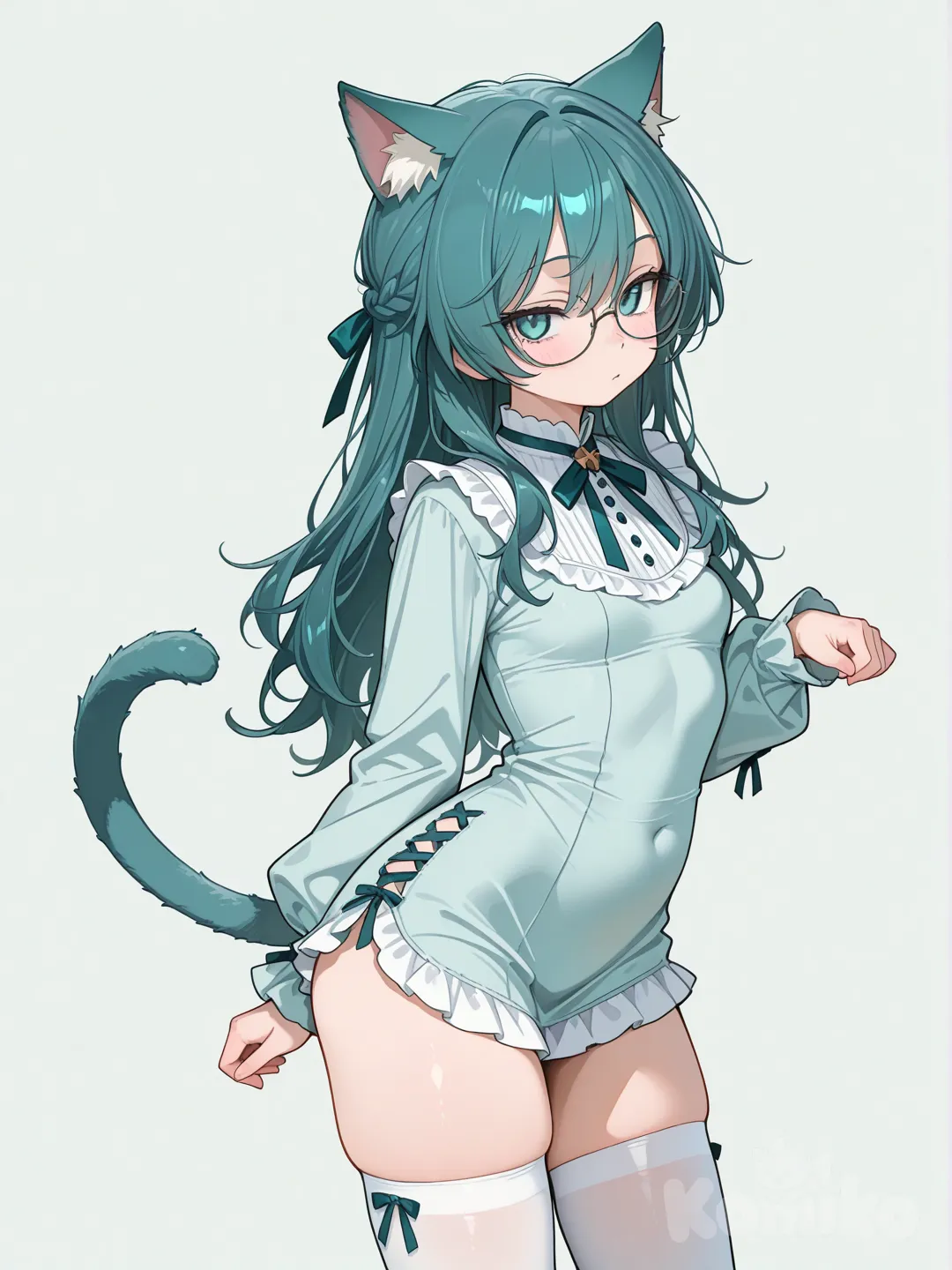 glasses, slender, white thighhighs, plain white-shirt, white thighhighs, teal hair teal eyes, glasses, slender, small breasts no background, standing, miscivious pose, cat ears cat tail