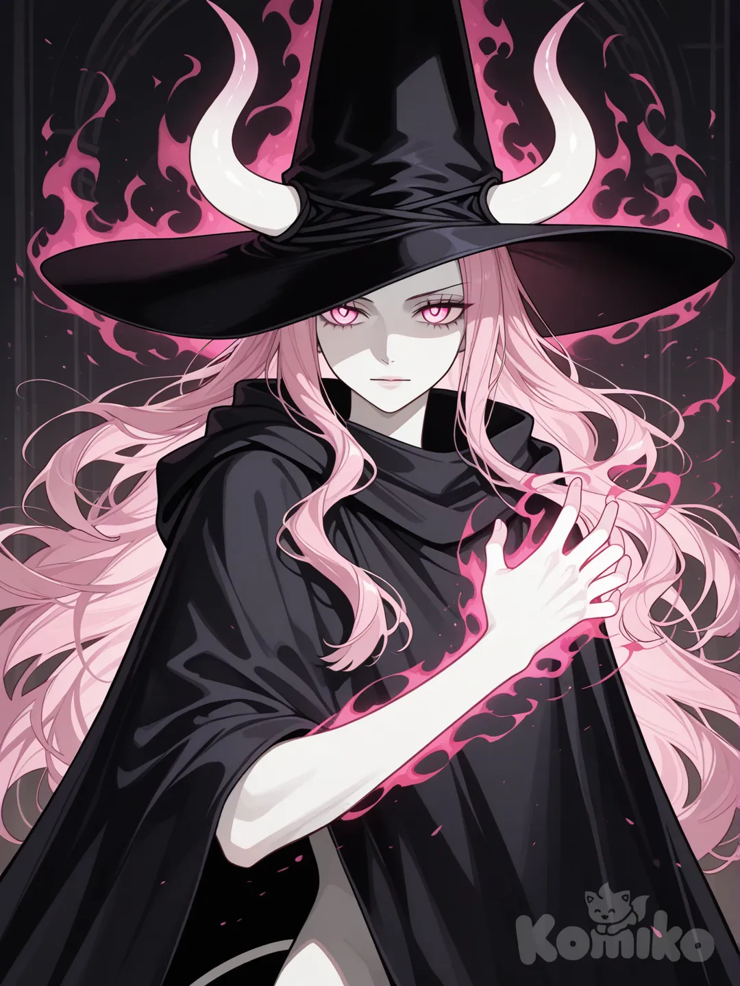 Original fantasy character from One Piece, male-presenting, ageless appearance. Pale skin with a soft glow, long pink hair (slightly lighter pink than average), and pink eyes. Slim but elegant build, calm and gentle expression with an intelligent, ancient aura.

He wears a long, dark cloak that covers most of his body, creating a mysterious silhouette. From beneath the cloak, a white demonic-style tail is partially visible, smooth and flexible. Small horns are implied but mostly hidden under a wide-brimmed hat.

His hands emit subtle blood-red magical energy, delicate and controlled, symbolizing healing magic related to blood manipulation (not violent).

The setting is atmospheric and dim, with soft cinematic lighting and muted colors. Fantasy anime illustration style, high detail, clean linework, soft shading, professional character design, sharp focus, quality, portrait composition