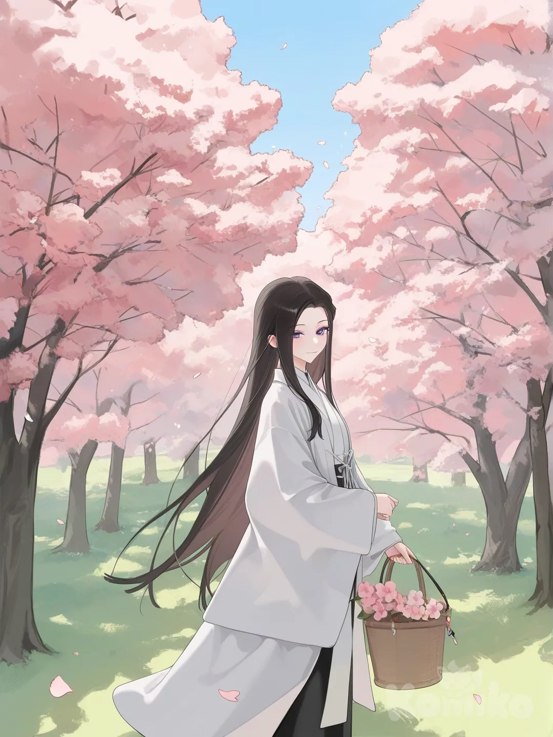 1girl, cherry blossom, kimono, spring, daytime, blue sky, outdoors, cherry blossom petals, gentle smile, long hair, traditional japanese clothing, nature, japan, sakura trees, serene atmosphere, floral motif, elegant attire, peaceful garden, vibrant colors